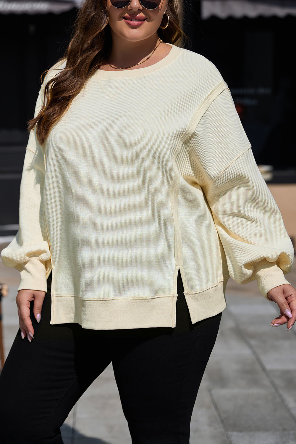 Plus Size White Waffle Knit Sweatshirt