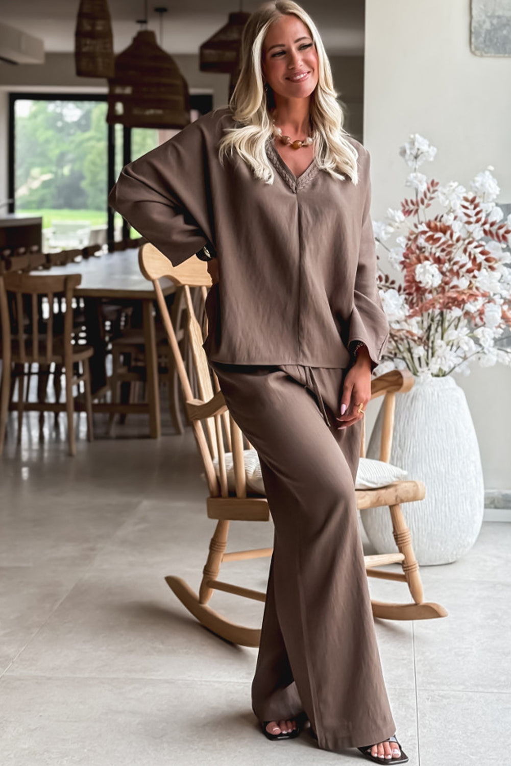 Dark Brown Braided V Neck Long Sleeve Loose Top and Drawstring High Waist Pants 2pcs Outfit