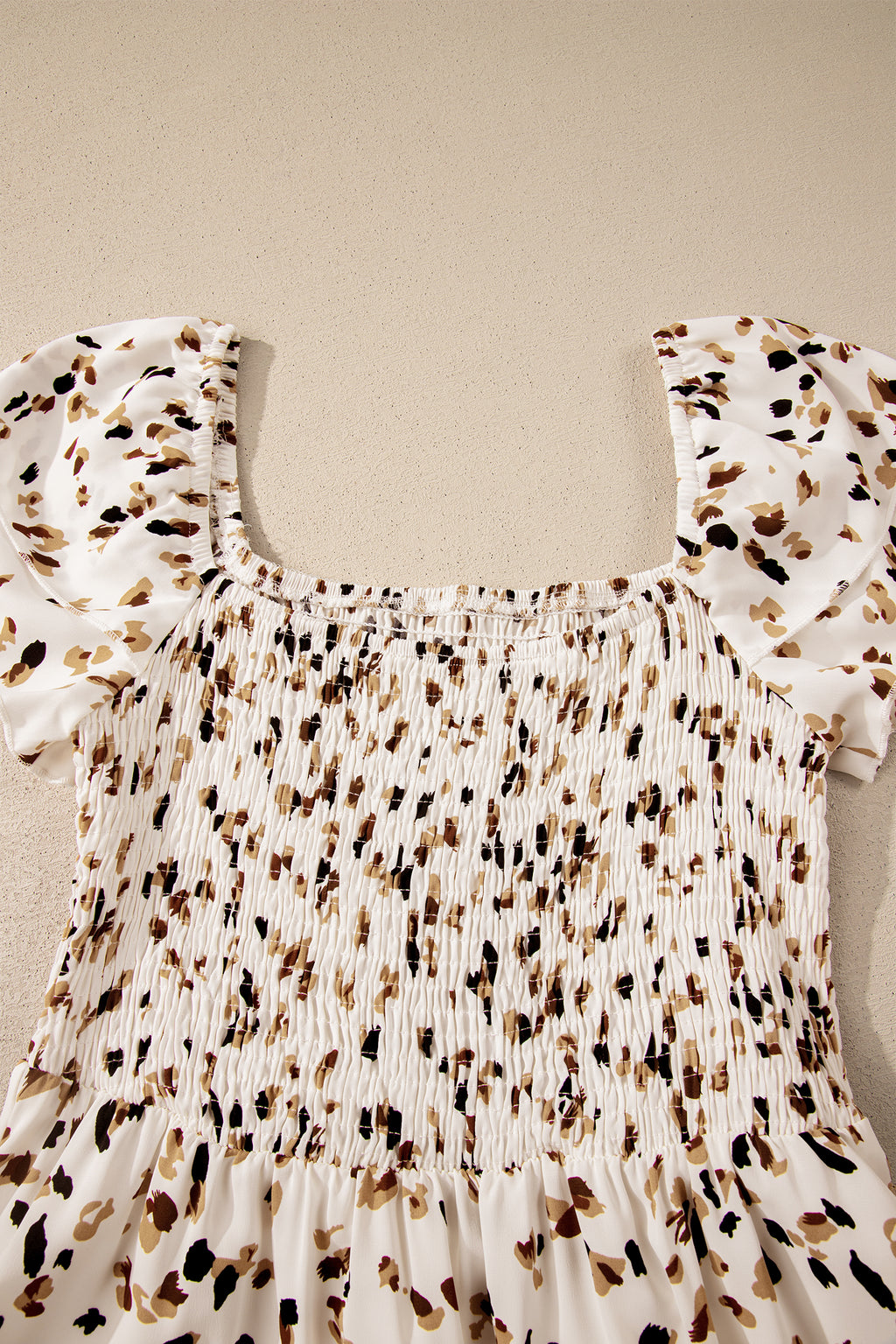 Beige Ditsy Floral Print Smocked Square Neck Ruffle Short Sleeve Dress