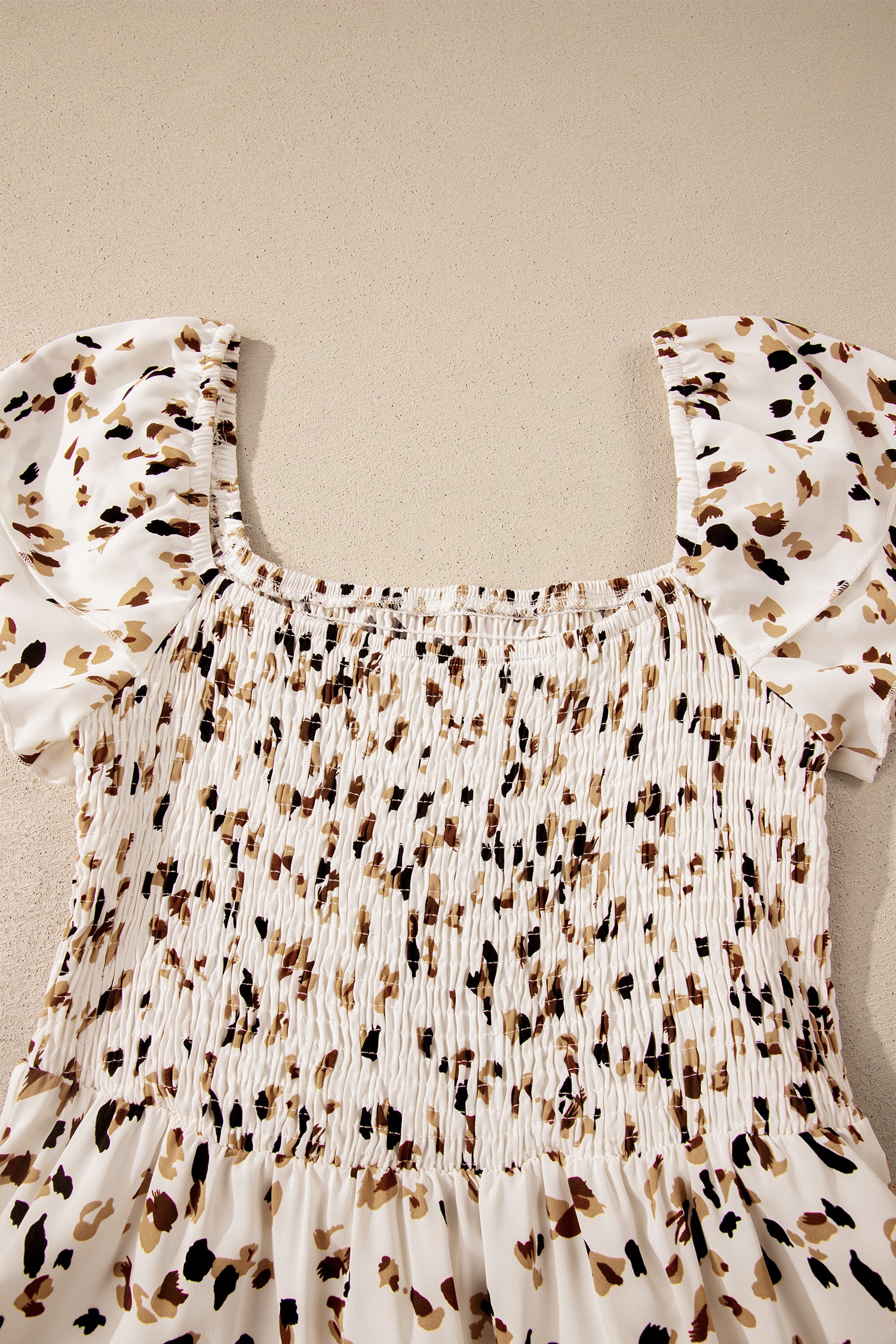 Beige Ditsy Floral Print Smocked Square Neck Ruffle Short Sleeve Dress