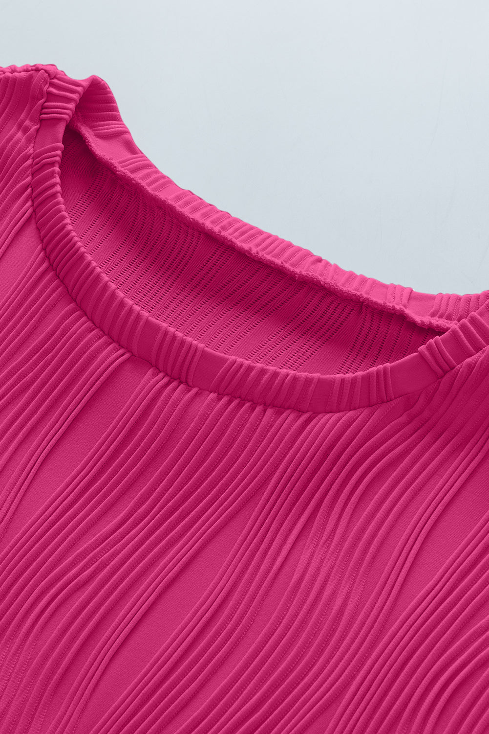 Rose Red Solid Color Wavy Textured Plus Size Tee