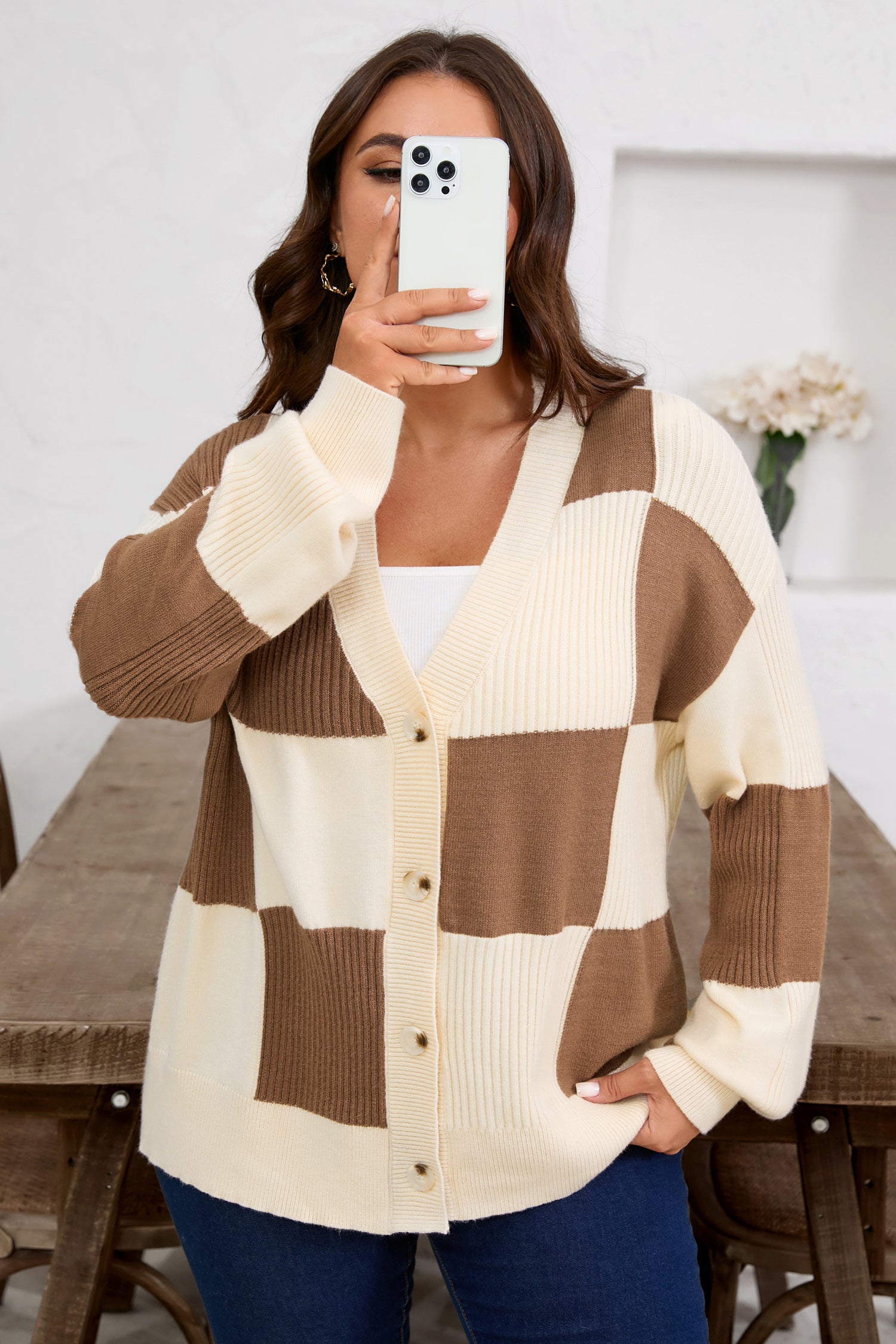Plus Size Khaki Checkered Ribbed Texture Knit Cardigan Sweater