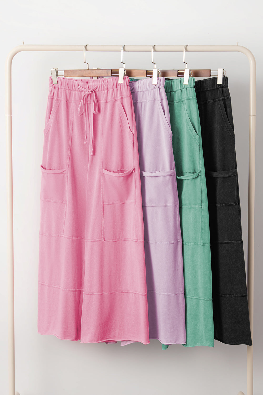 Black Mineral Wash Exposed Seam Drawstring Elastic Waistband Wide Leg Cargo Pants