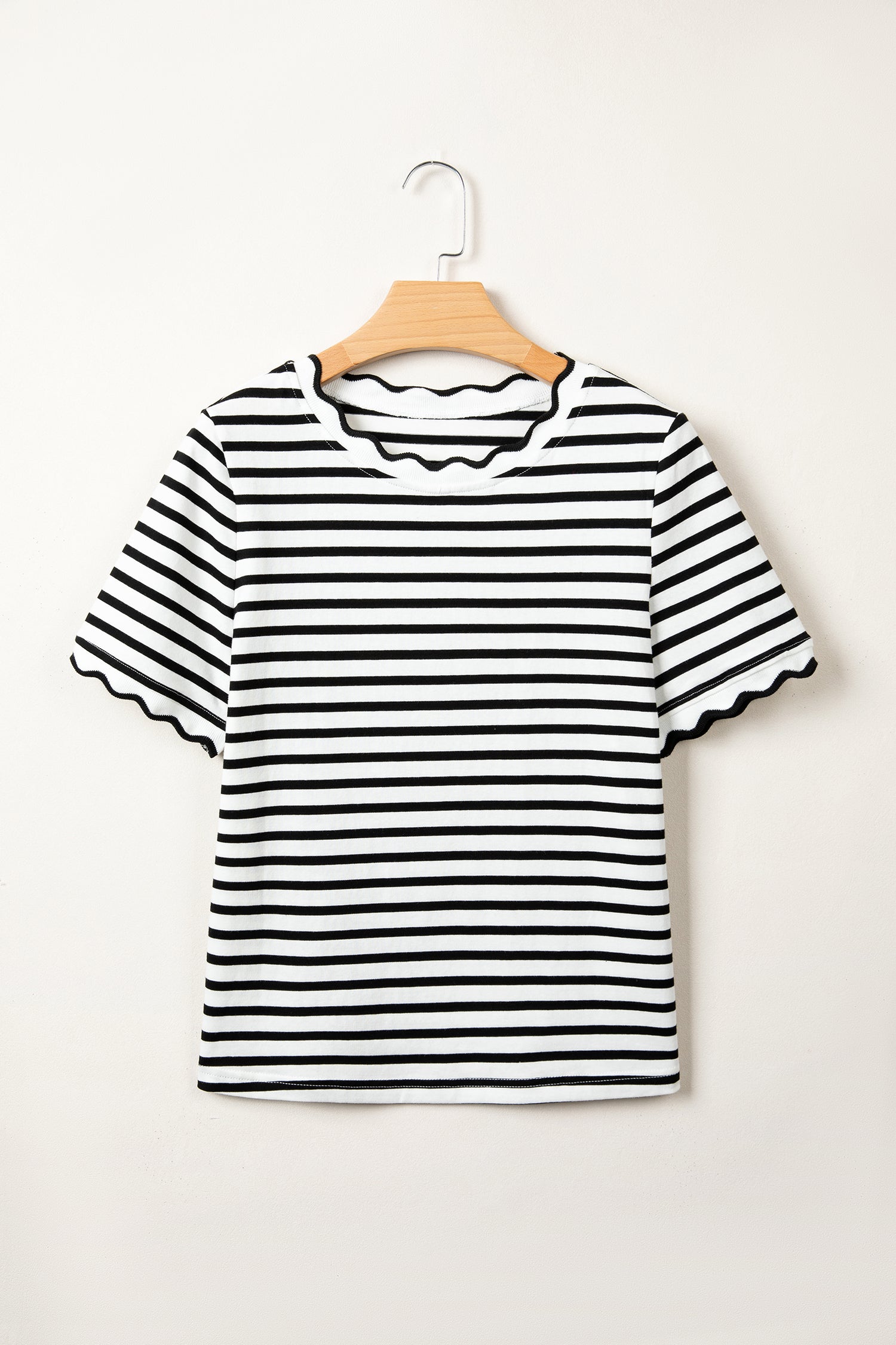 Black Stripe Scalloped Trim Round Neck T Shirt