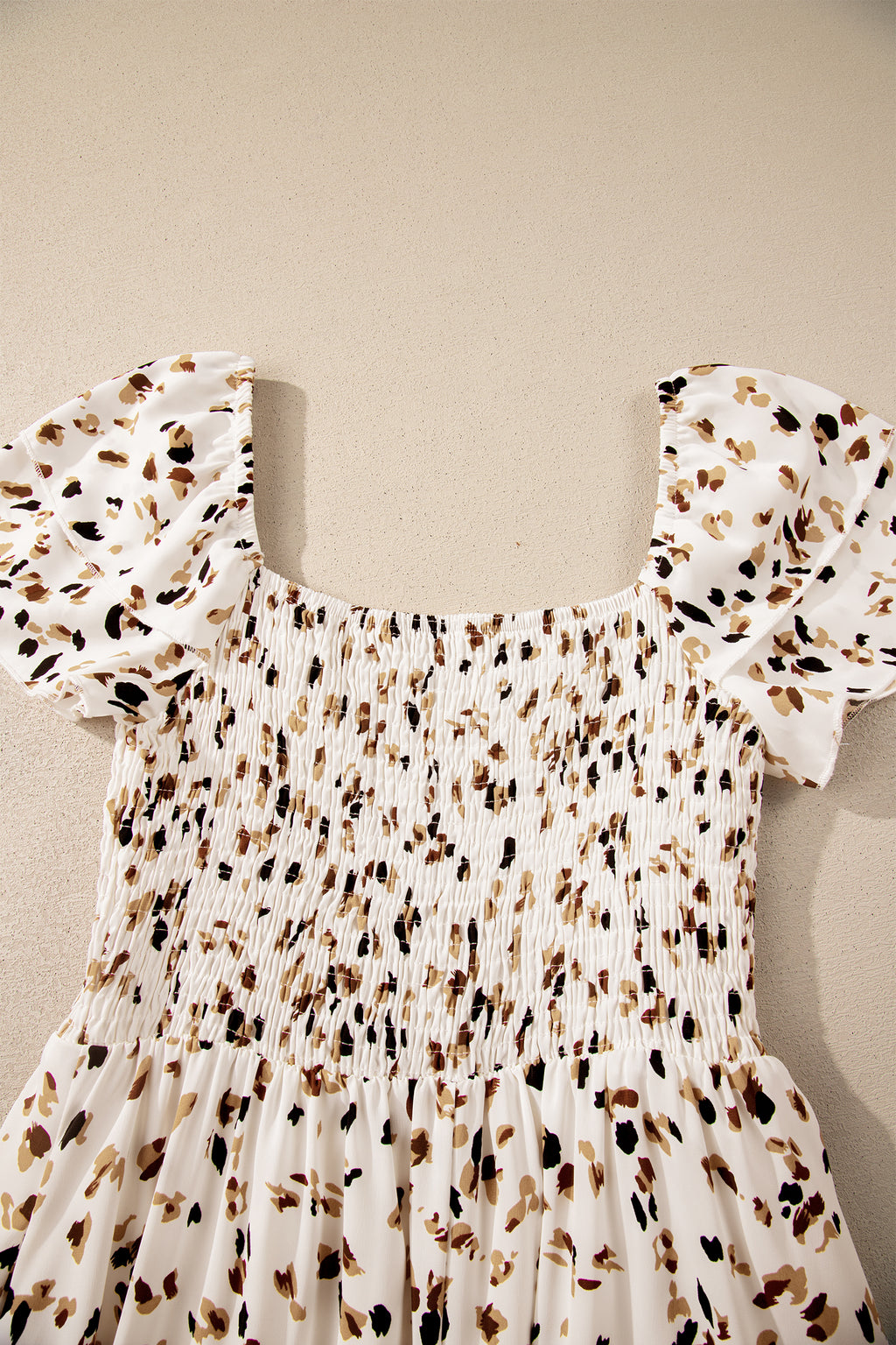 Beige Ditsy Floral Print Smocked Square Neck Ruffle Short Sleeve Dress