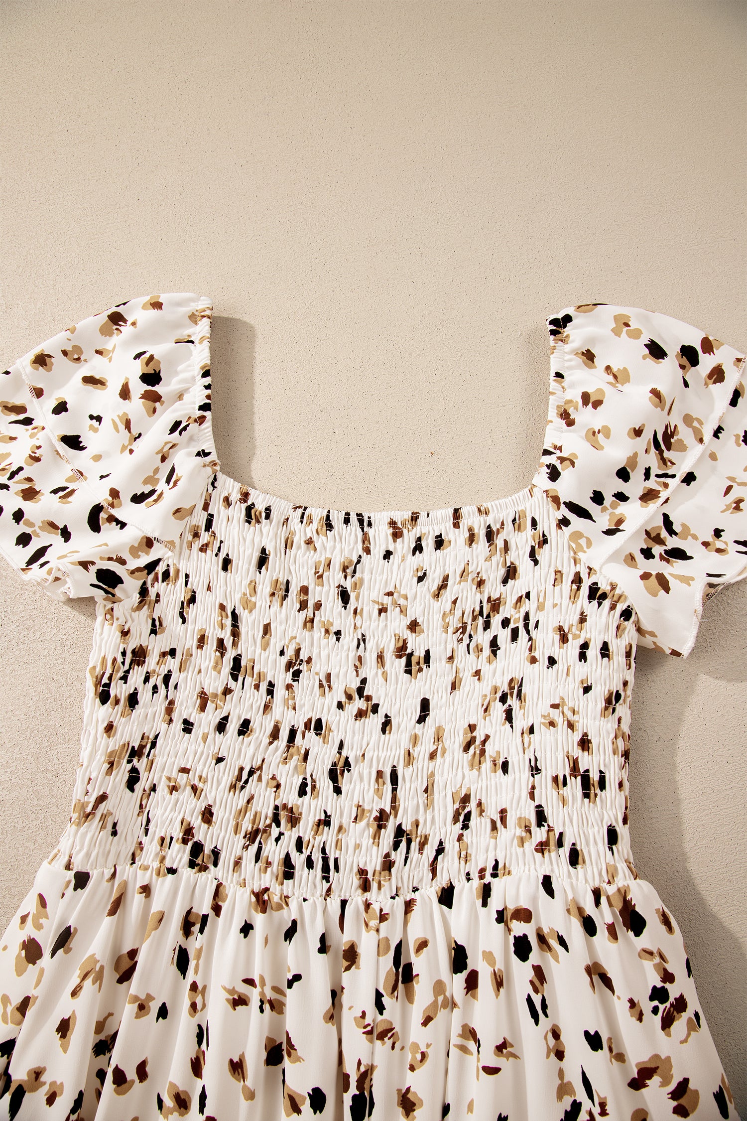 Beige Ditsy Floral Print Smocked Square Neck Ruffle Short Sleeve Dress