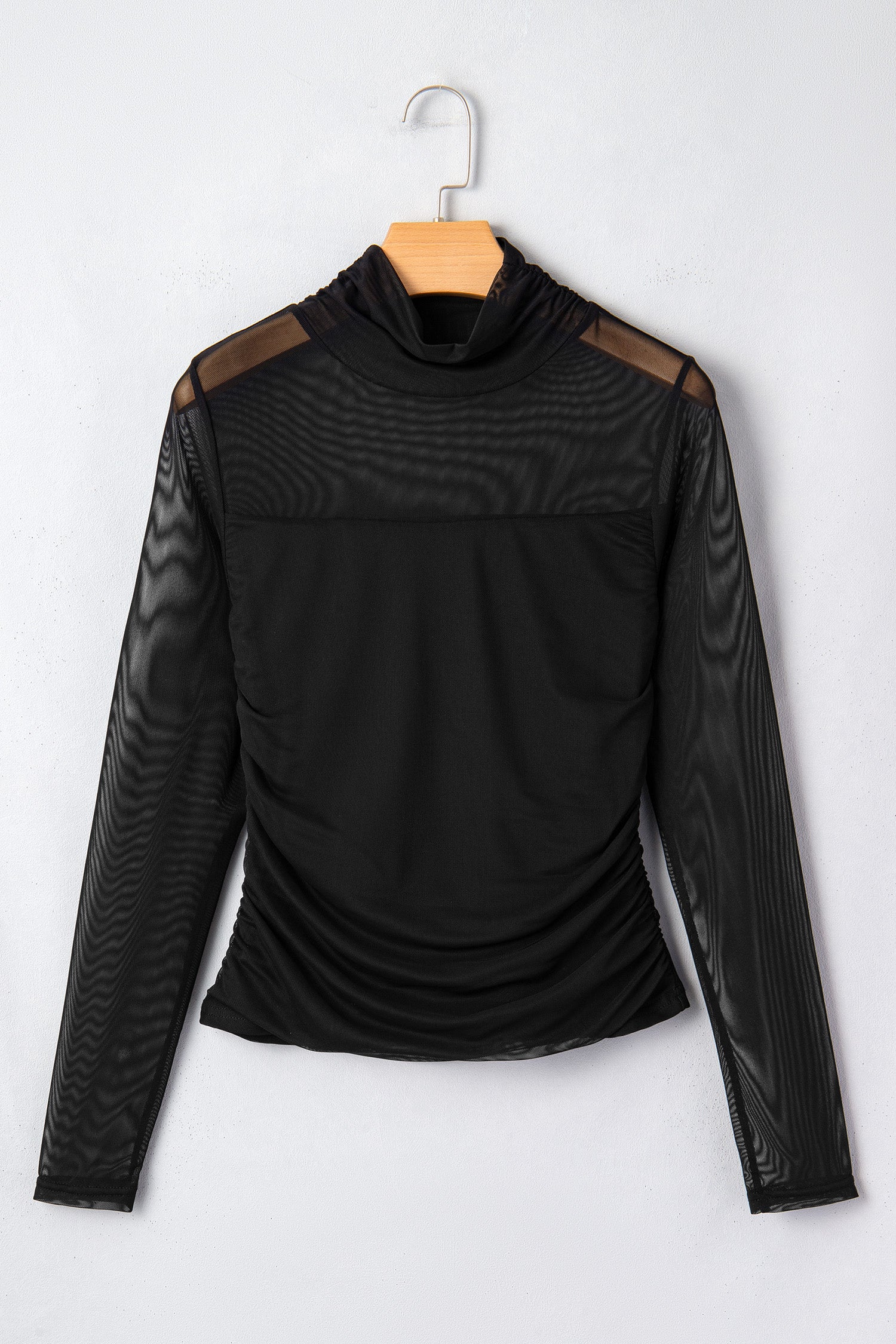 Fiery Red Sheer Mesh Patchwork High Neck Long Sleeve Top