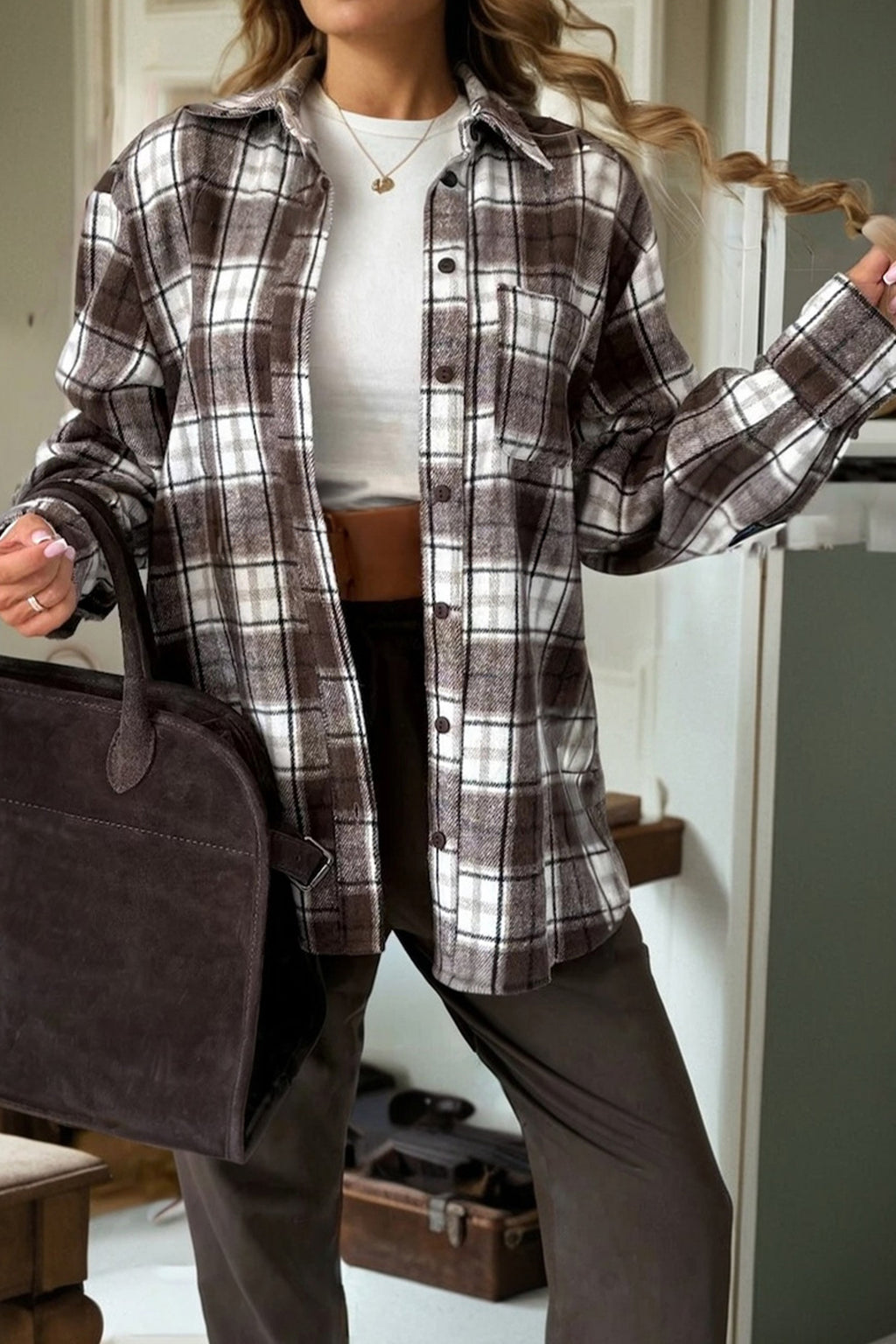 Dark Brown Flannel Plaid Boyfriend Shacket