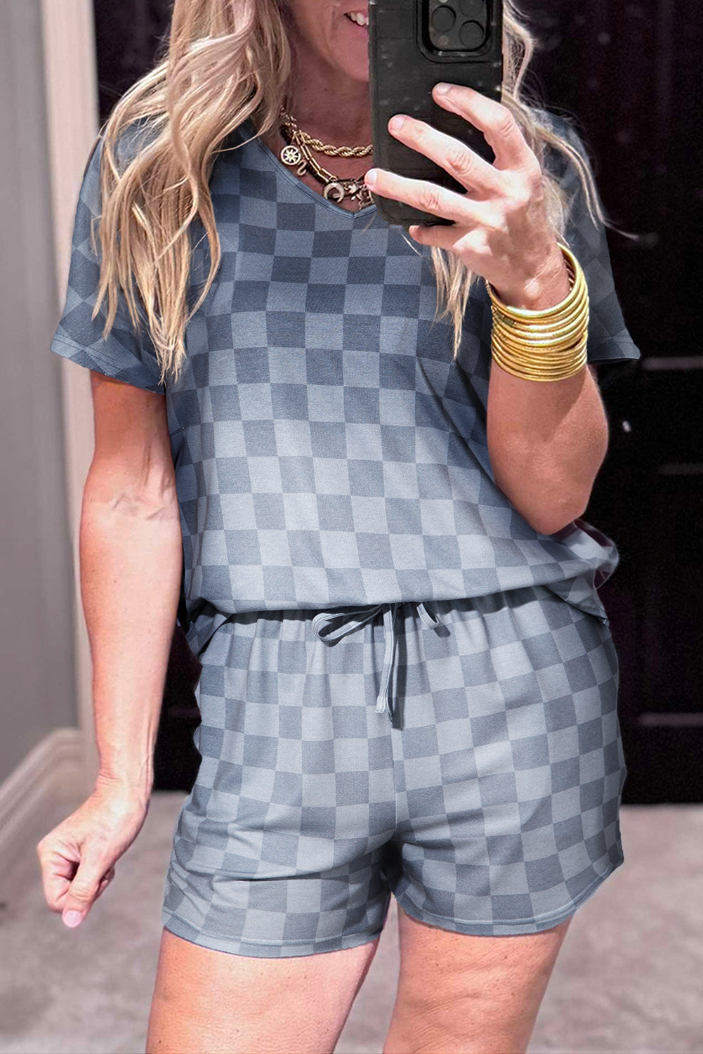 Checkered V Neck & Shorts Lounge Set