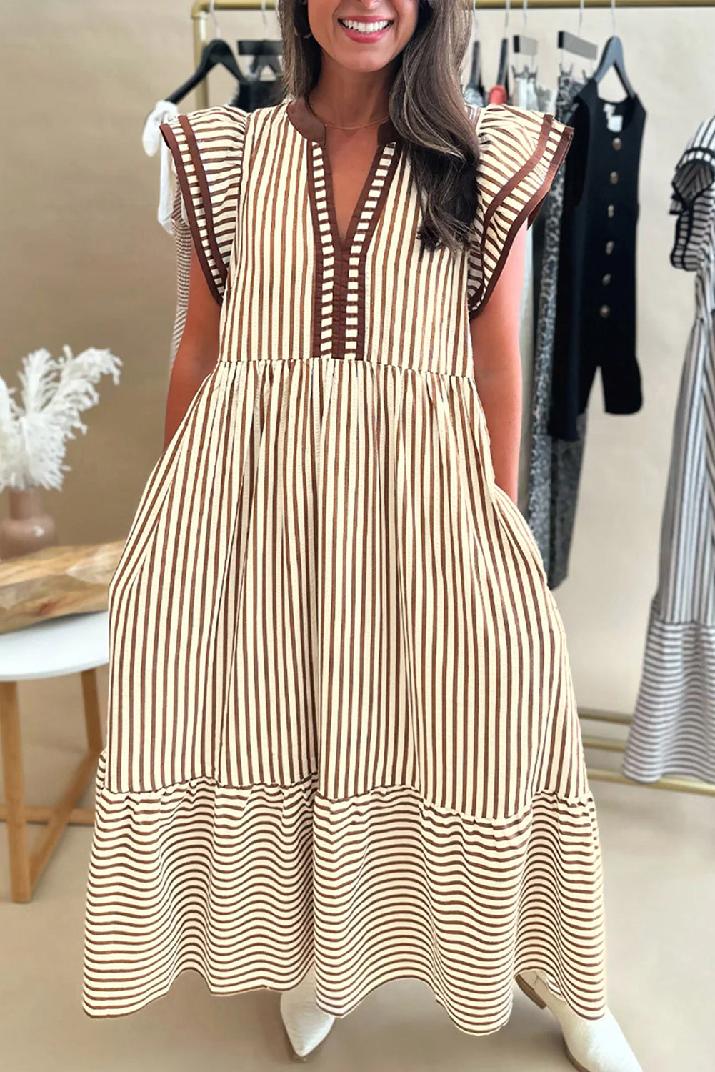 Black Stripe Double Ruffled Short Sleeve Contrast Trim V Neck Midi Dress