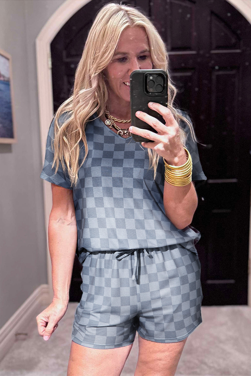 Checkered V Neck & Shorts Lounge Set