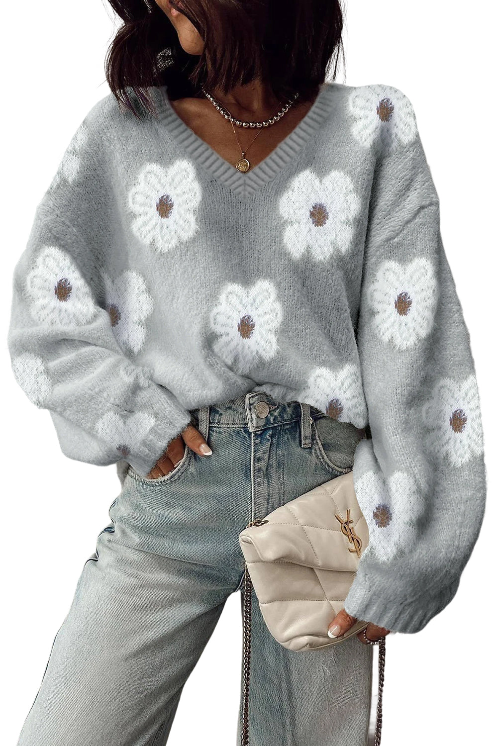 Gray Flower Baggy Sweater