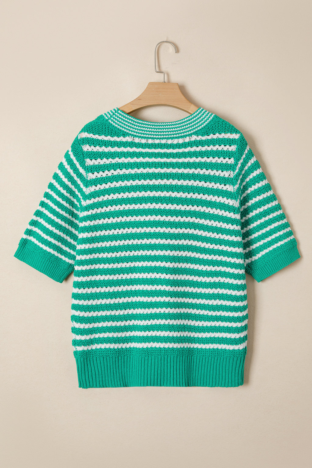 Sky Blue Stripe Short Sleeve Knit V Neck Bow Knot Sweater