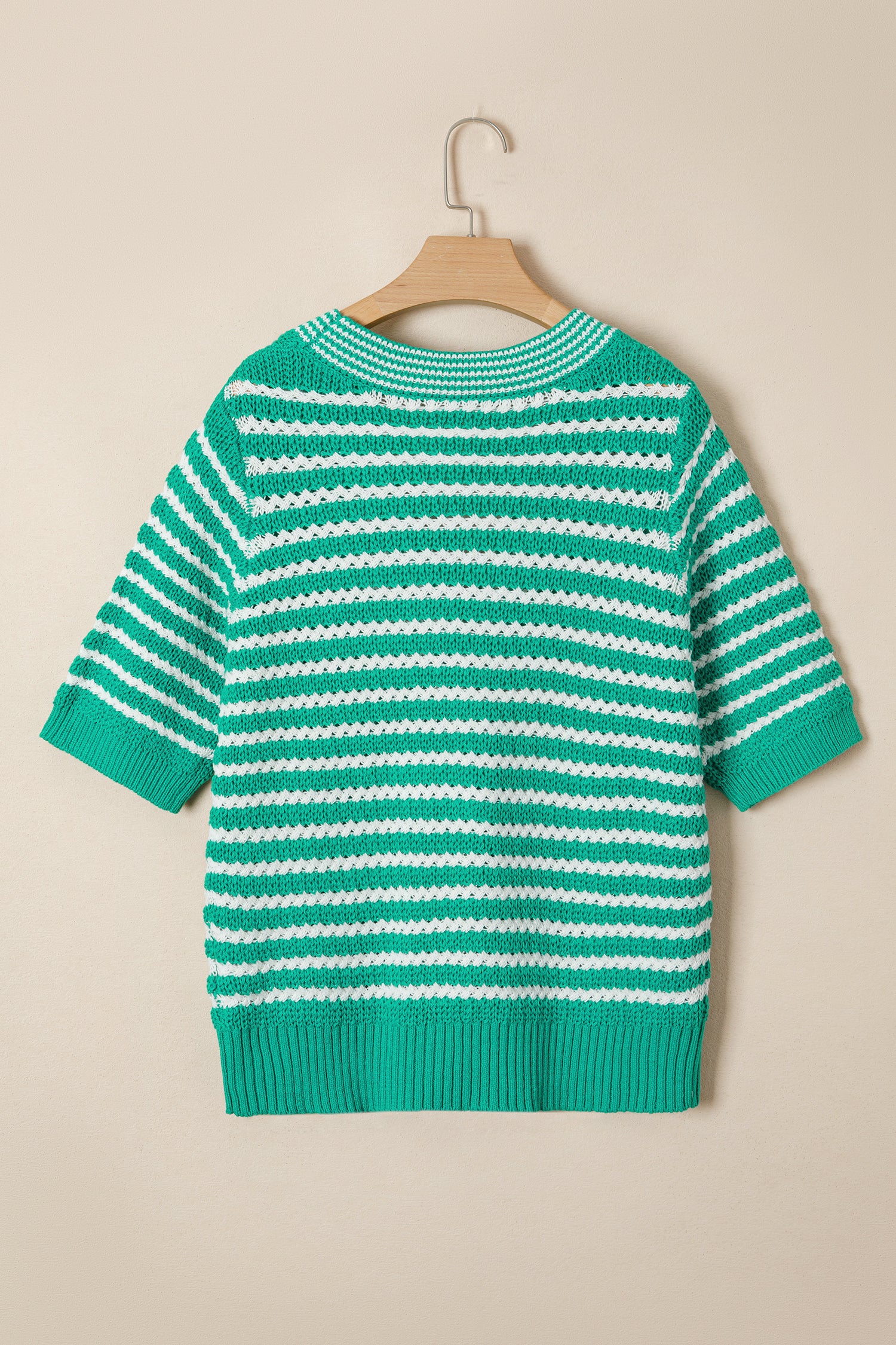 Sky Blue Stripe Short Sleeve Knit V Neck Bow Knot Sweater