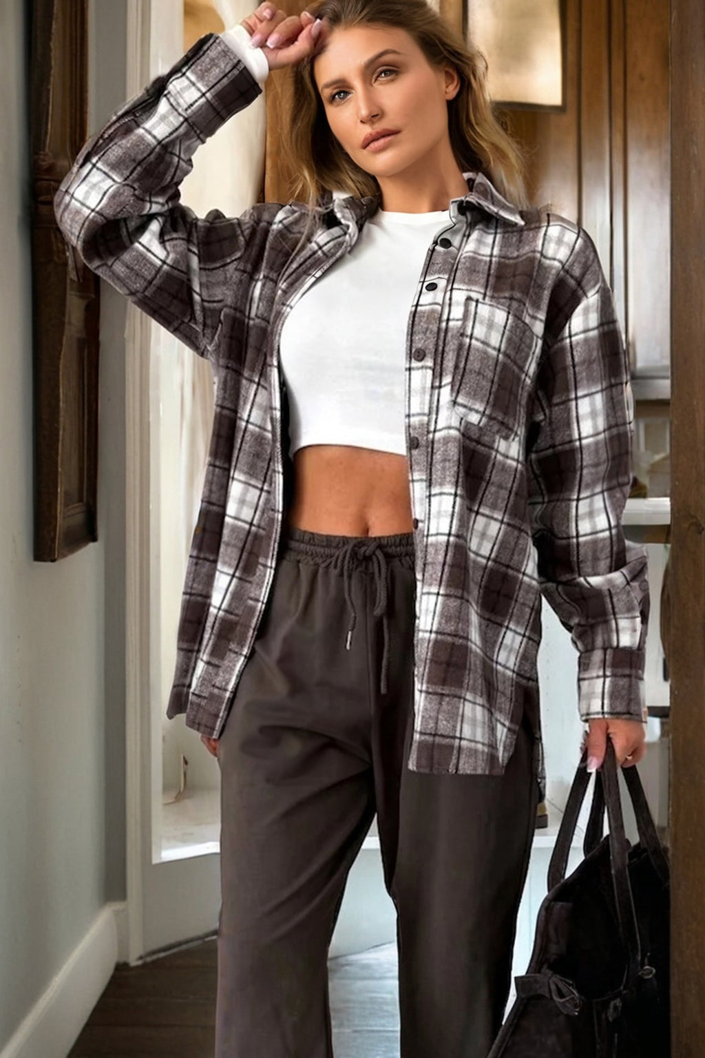 Dark Brown Flannel Plaid Boyfriend Shacket
