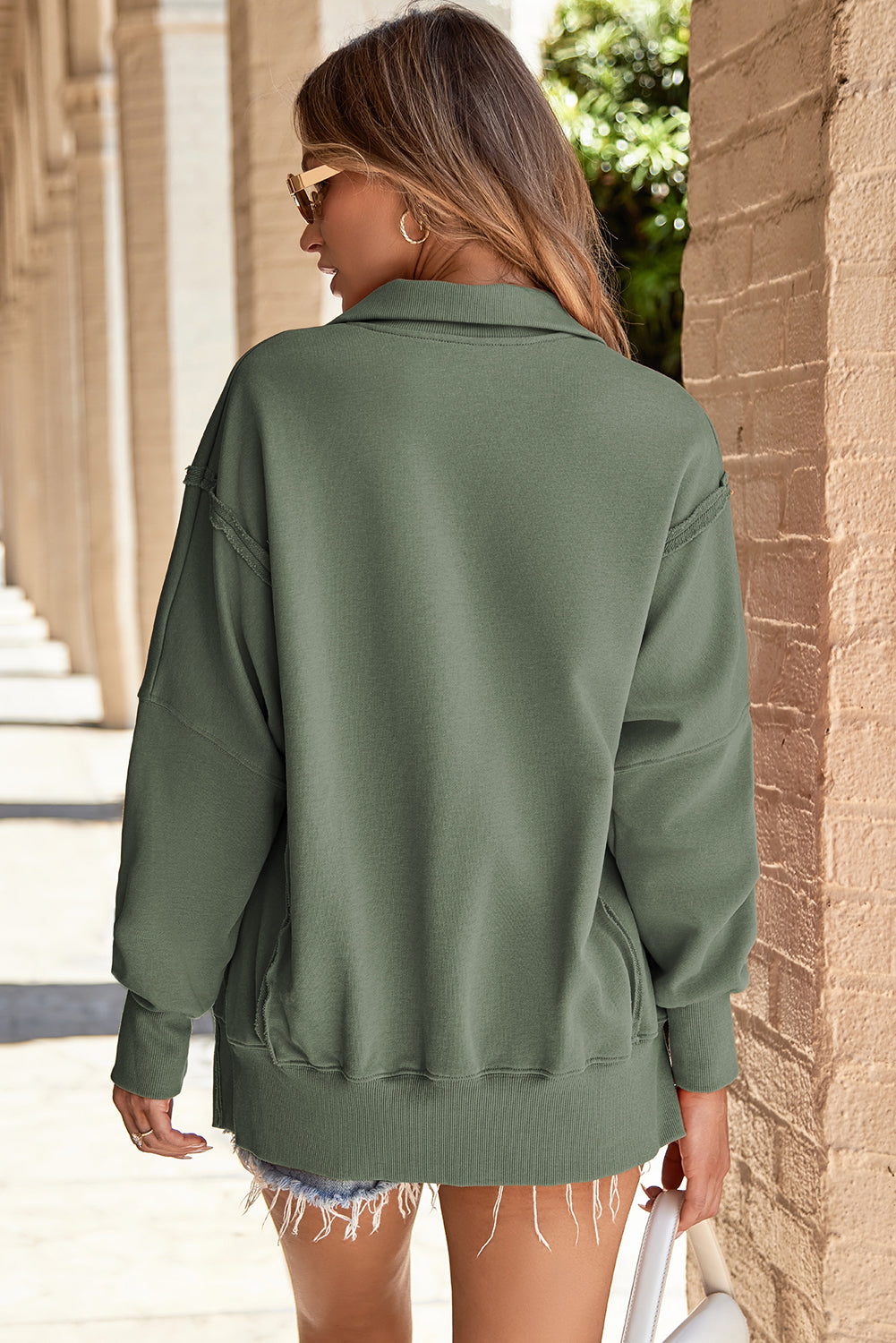Buttoned High Low Baggy Sweatshirt with Slits
