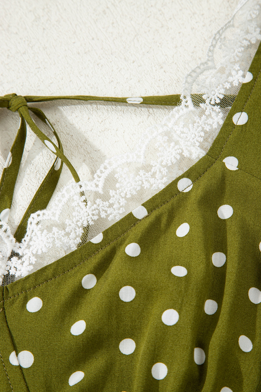Green Polka Dot Print Lacy Neckline Smocked High Waist Maxi Dress