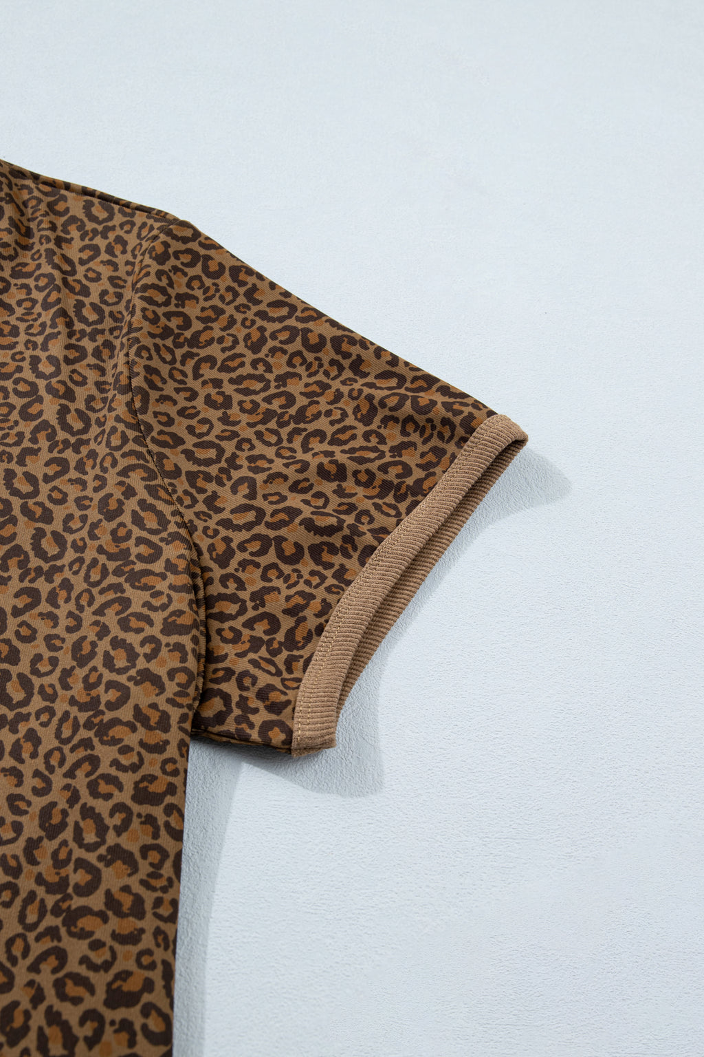 Khaki Plus Size Leopard Print Ribbed Trim Round Neck Tee