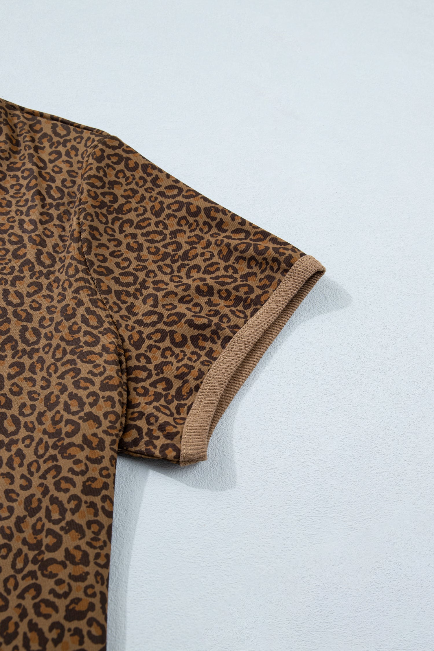 Khaki Plus Size Leopard Print Ribbed Trim Round Neck Tee