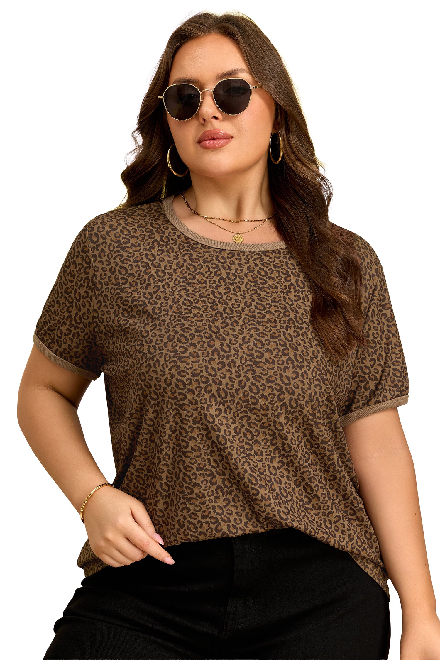 Khaki Plus Size Leopard Print Ribbed Trim Round Neck Tee