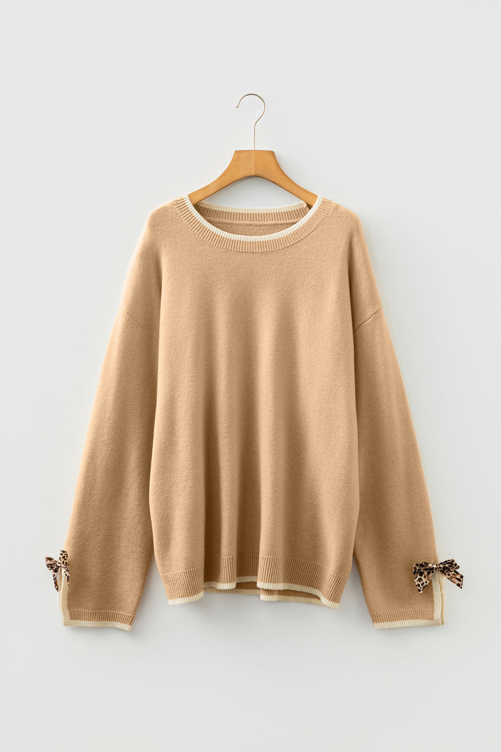 Plus Size Leopard Bow Decor Split Cuffs Loose Sweater