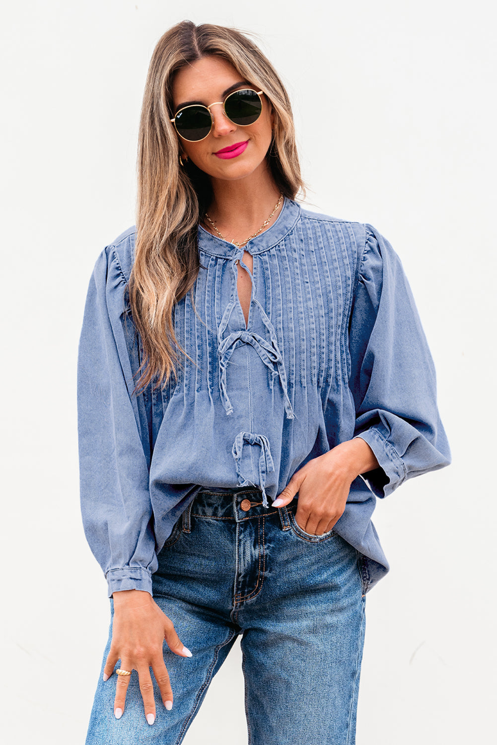 Denim Bow Tie Puff Sleeve Top