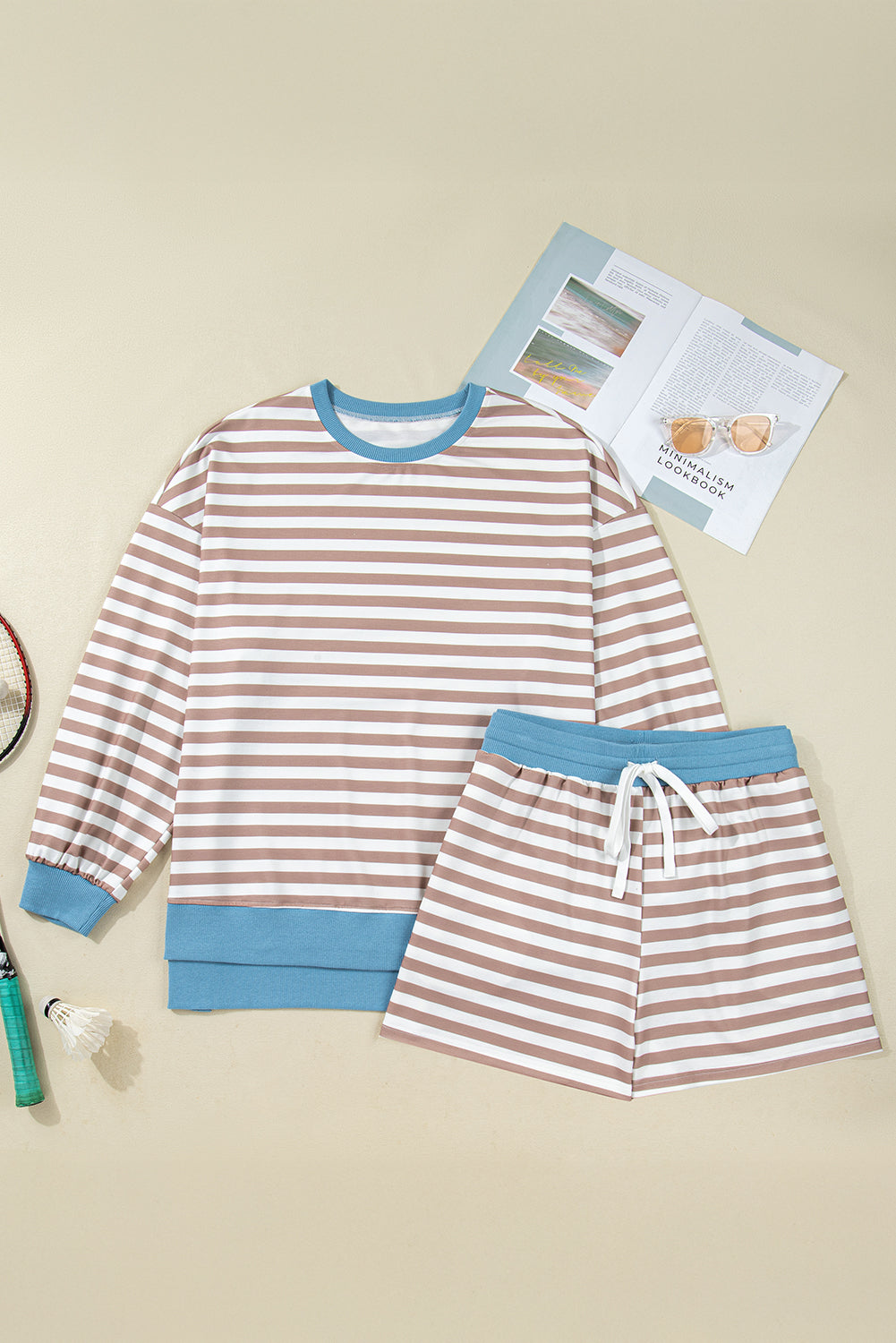 Plus Size Khaki Stripe Contrast Edge Set