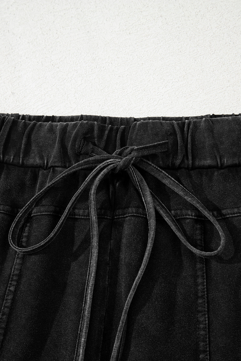 Black Mineral Wash Exposed Seam Drawstring Elastic Waistband Wide Leg Cargo Pants