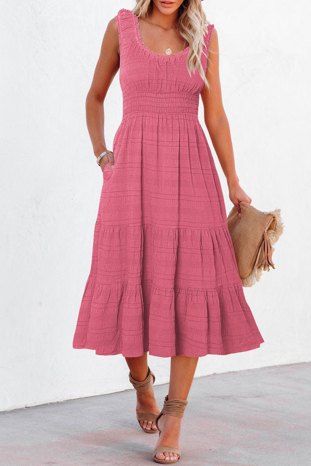 Apricot Shirred Pleated Square Neck Sleeveless Midi Dress