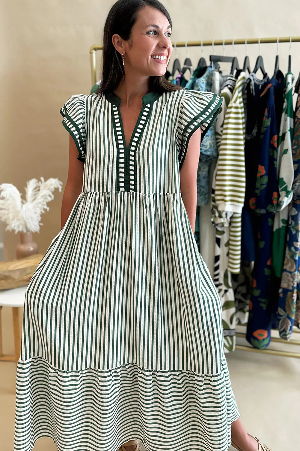 Black Stripe Double Ruffled Short Sleeve Contrast Trim V Neck Midi Dress