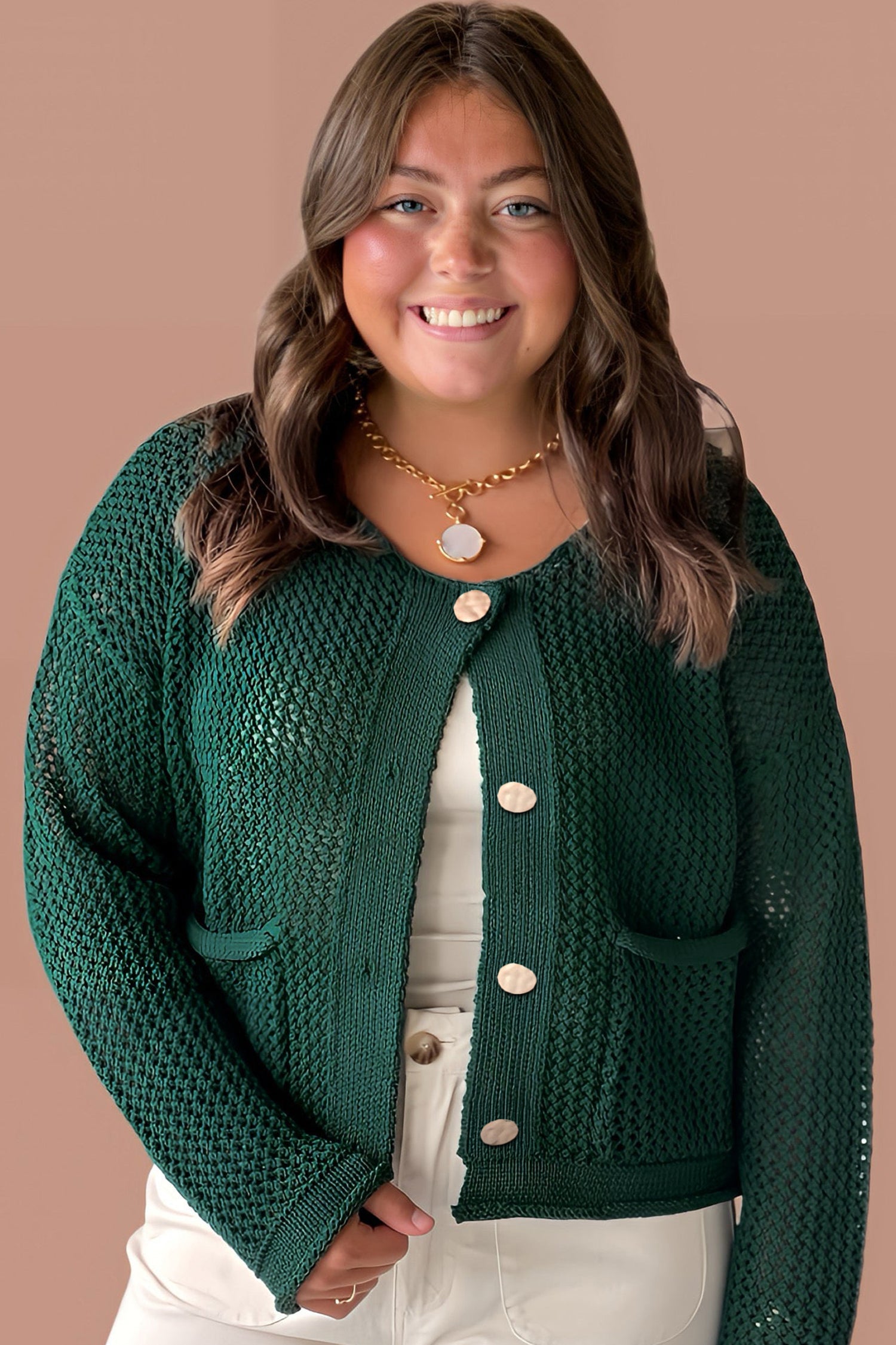 Plus Size  Blackish Green Golden Accent Buttons Short Sweater Cardigan
