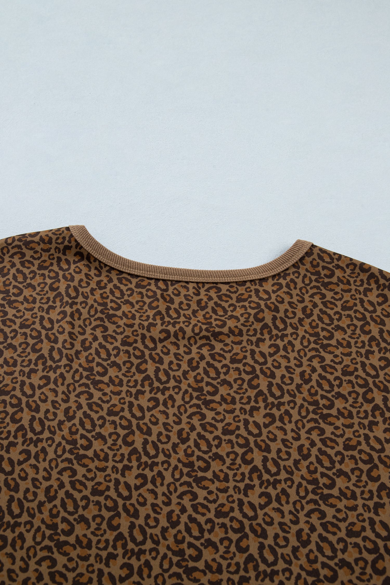 Khaki Plus Size Leopard Print Ribbed Trim Round Neck Tee