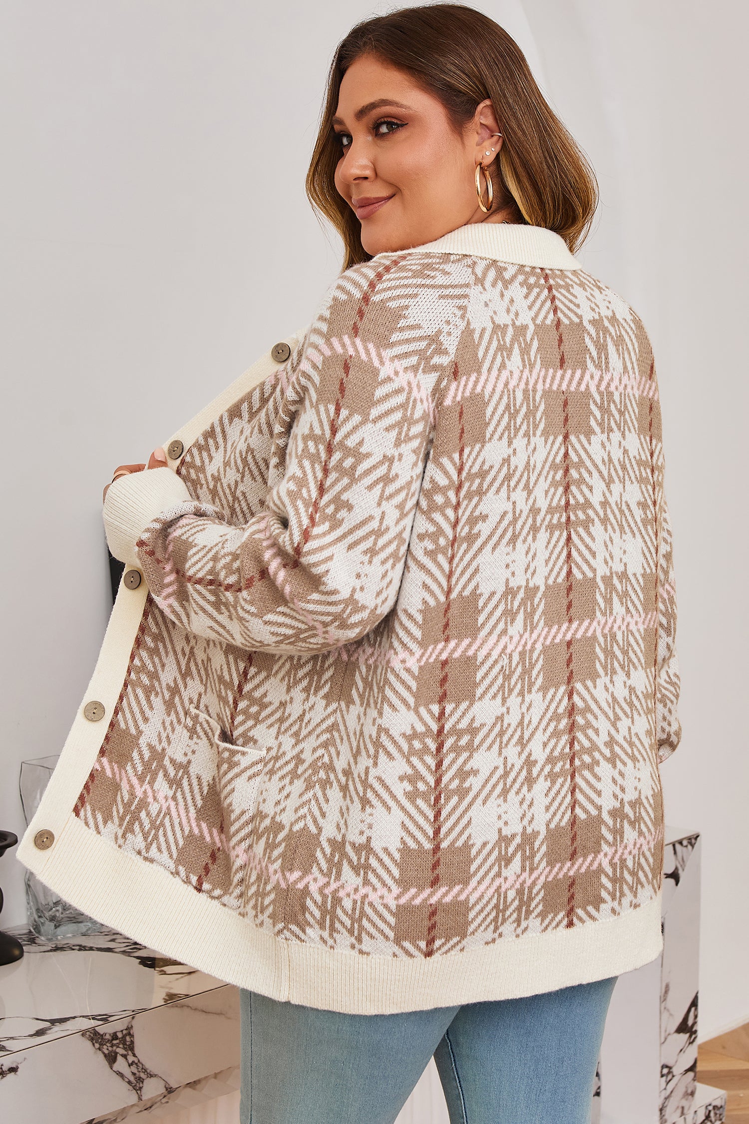 Plus Size Khaki Vintage Pattern Ribbed Trim Button Front Cardigan Sweater