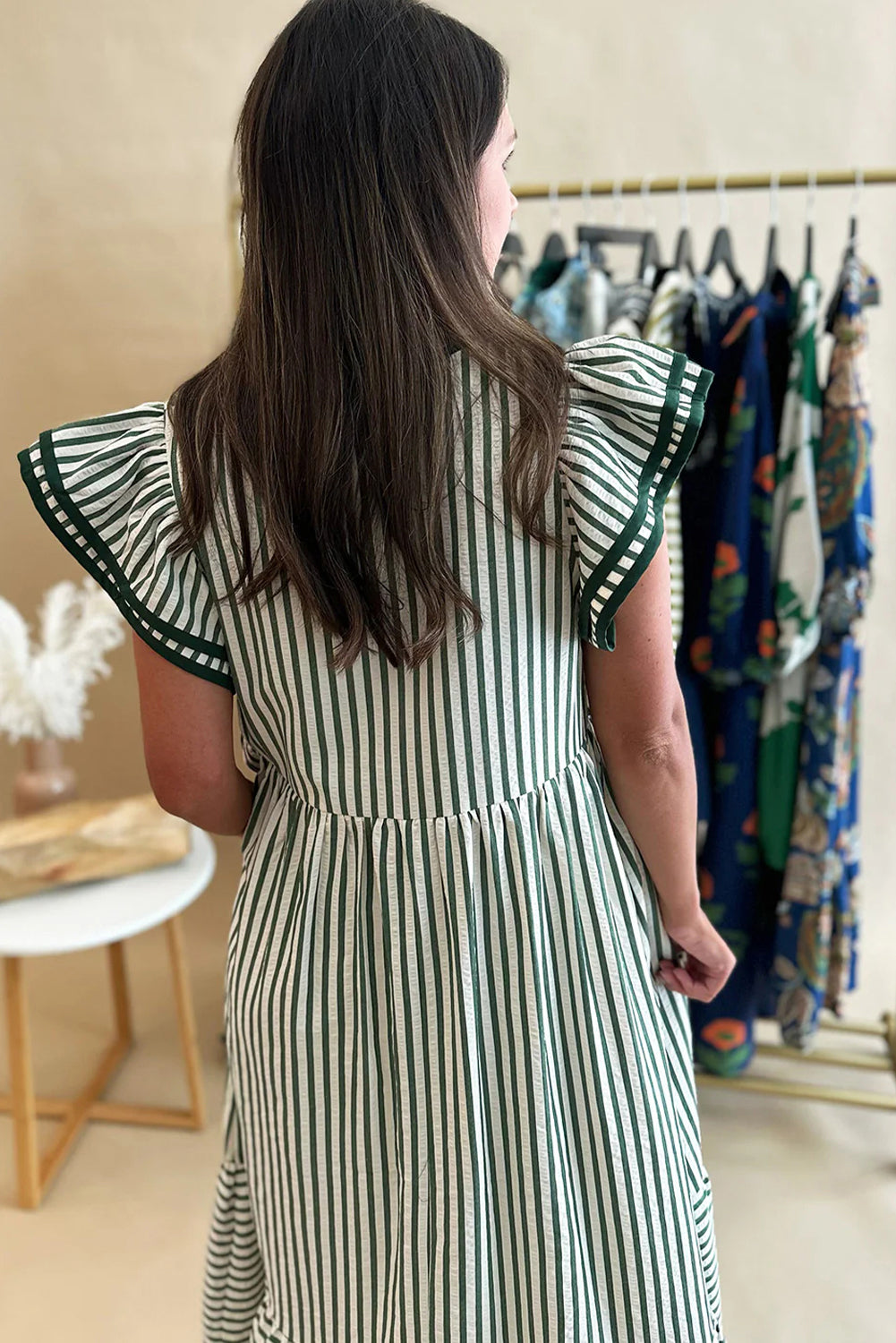 Black Stripe Double Ruffled Short Sleeve Contrast Trim V Neck Midi Dress