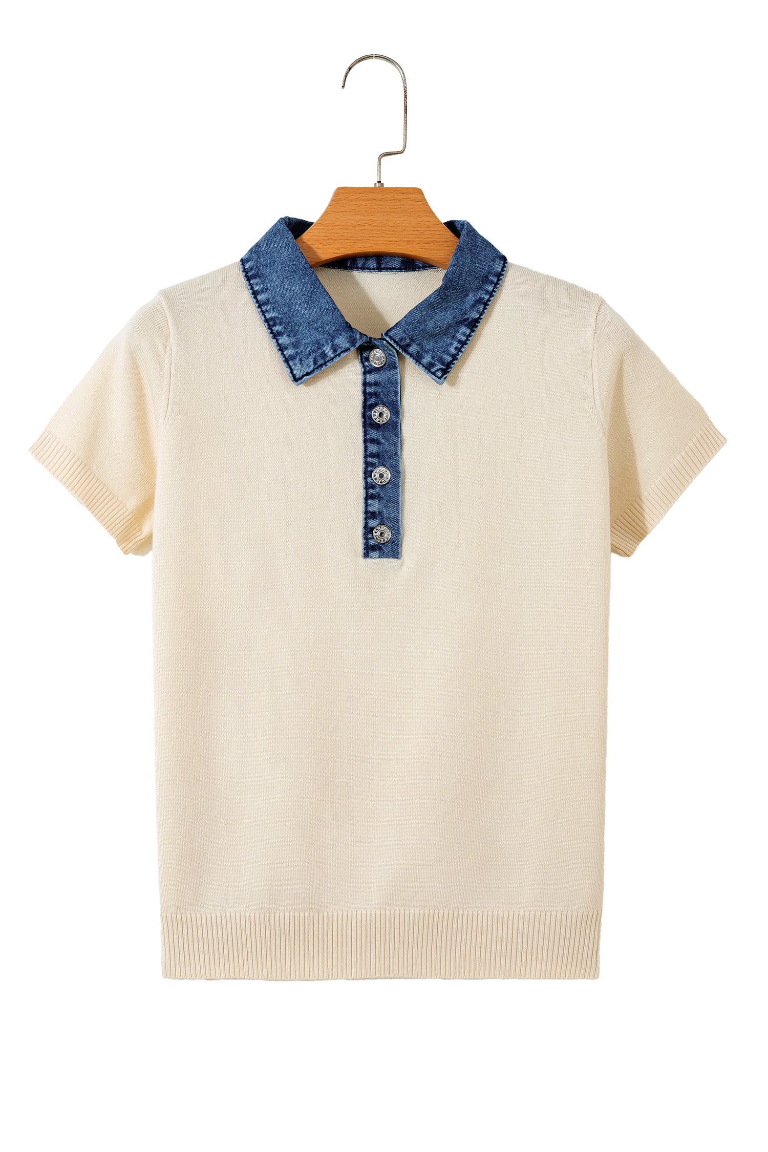 Jet Stream Short Sleeve Knit Denim Patchwork Polo Collar Sweater