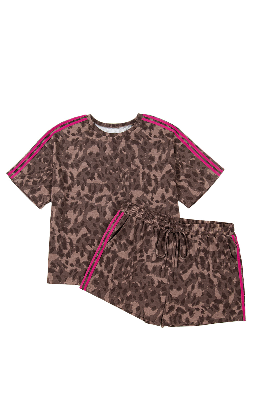 Plus Size Brown Retro Leopard Print Contrast Varsity Stripe Trim 2pcs Short Set