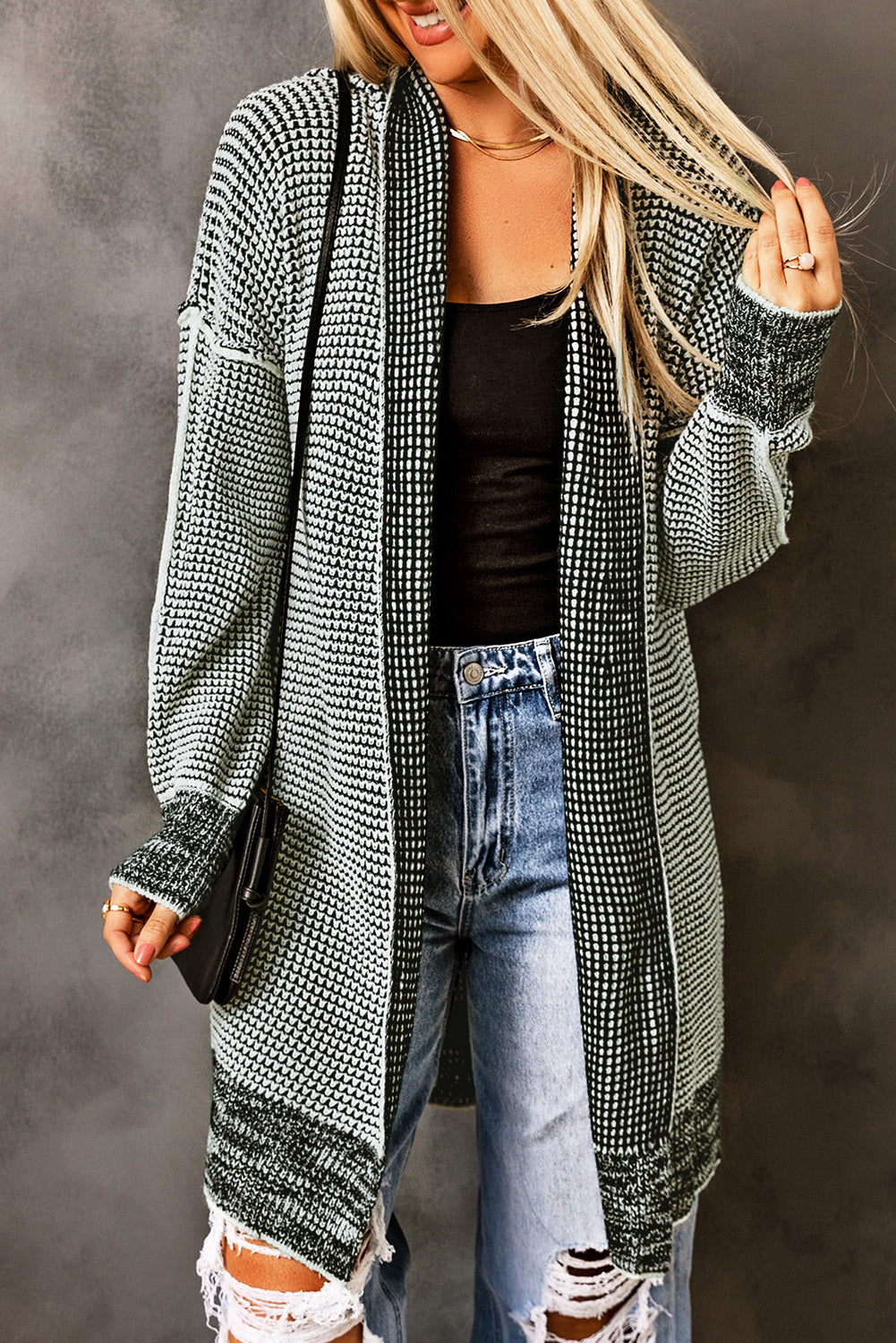 Knitted Long Open Front Cardigan