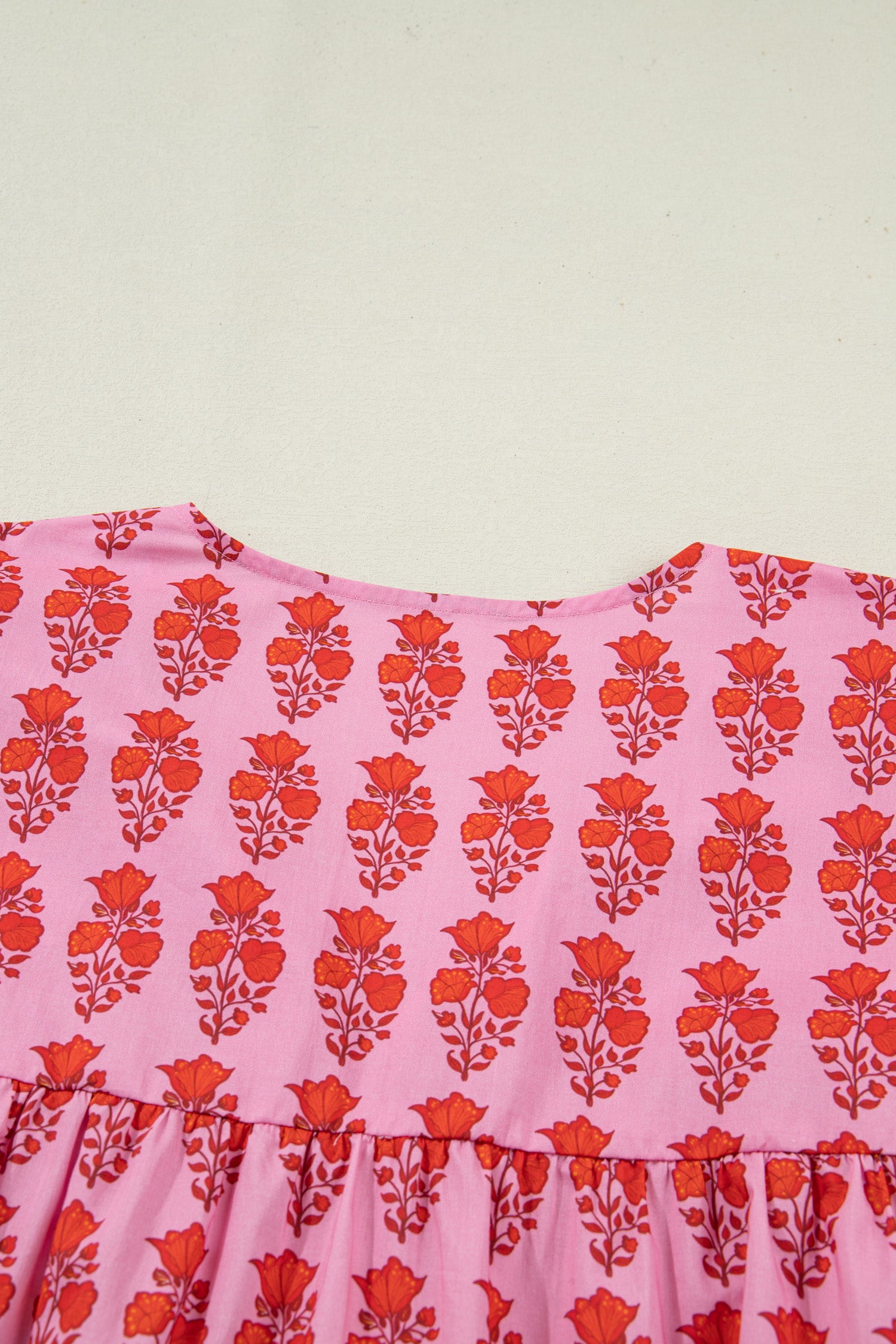Pink Plus Size Floral Print Tassel Tie Puff Sleeve Cotton Blouse