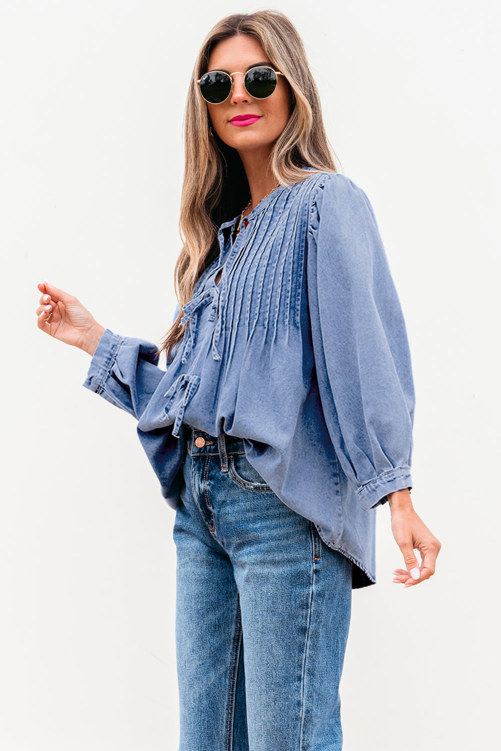 Denim Bow Tie Puff Sleeve Top