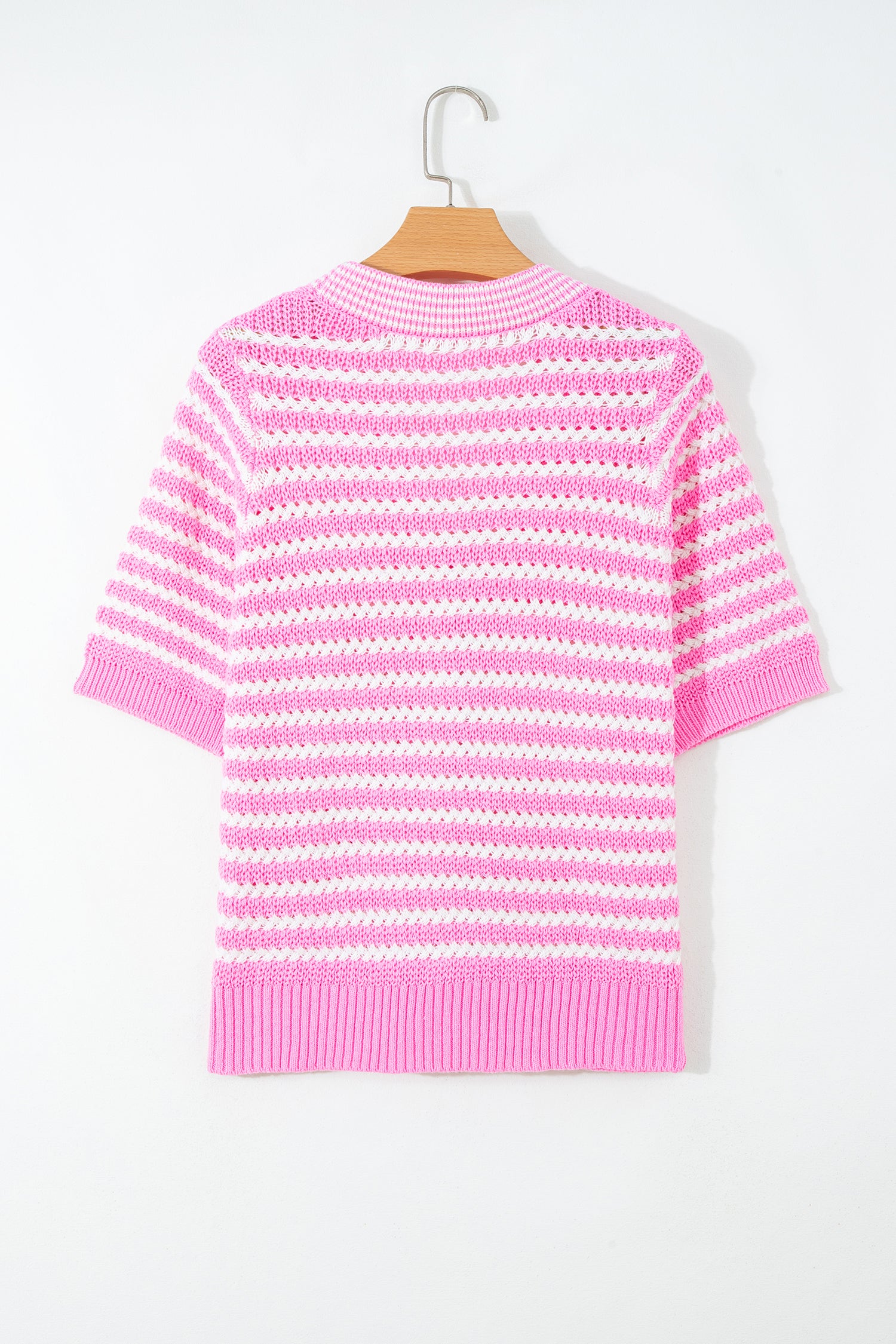 Sky Blue Stripe Short Sleeve Knit V Neck Bow Knot Sweater