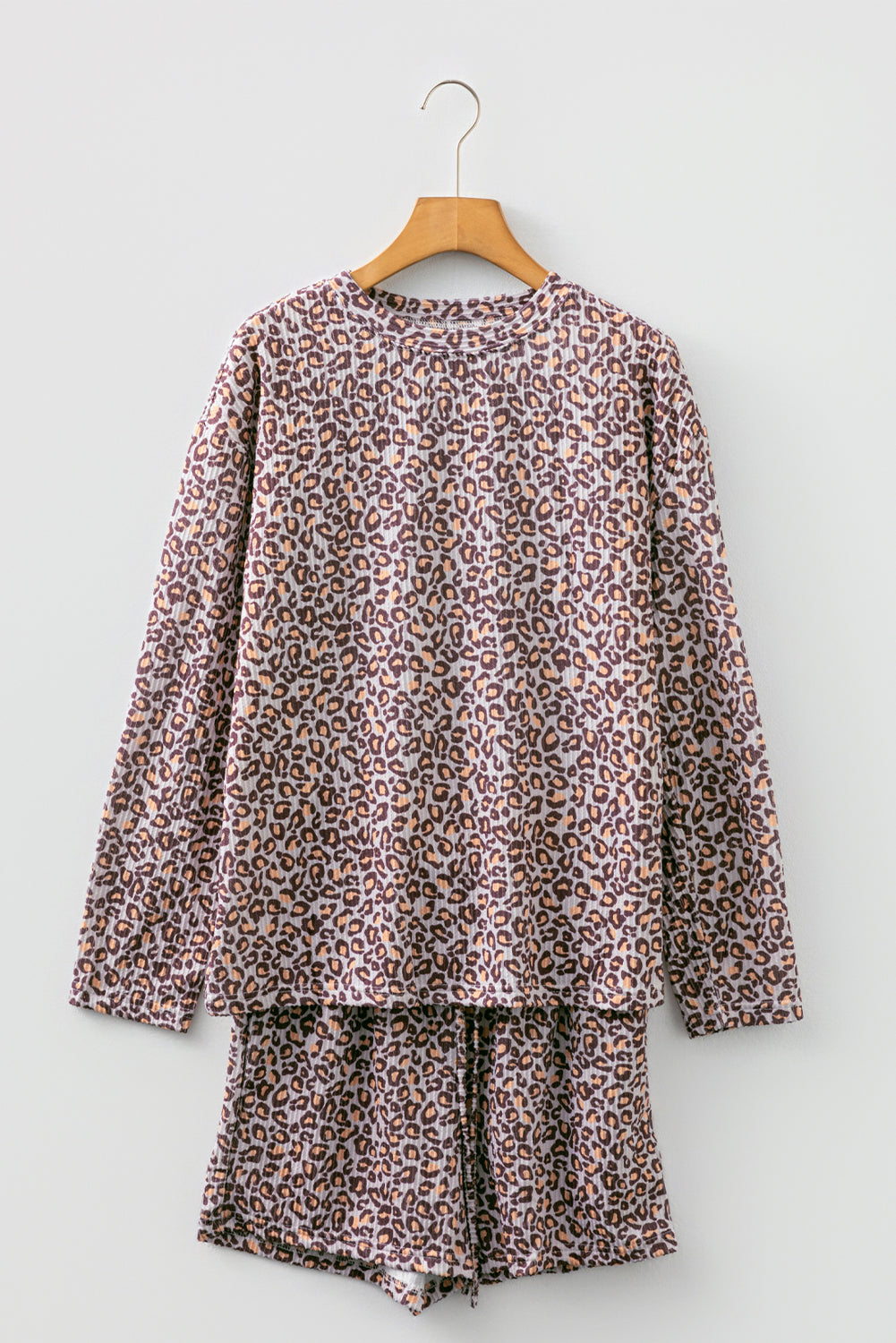 Khaki Leopard Ribbed Long Sleeved Drawstring Shorts 2pcs Outfit