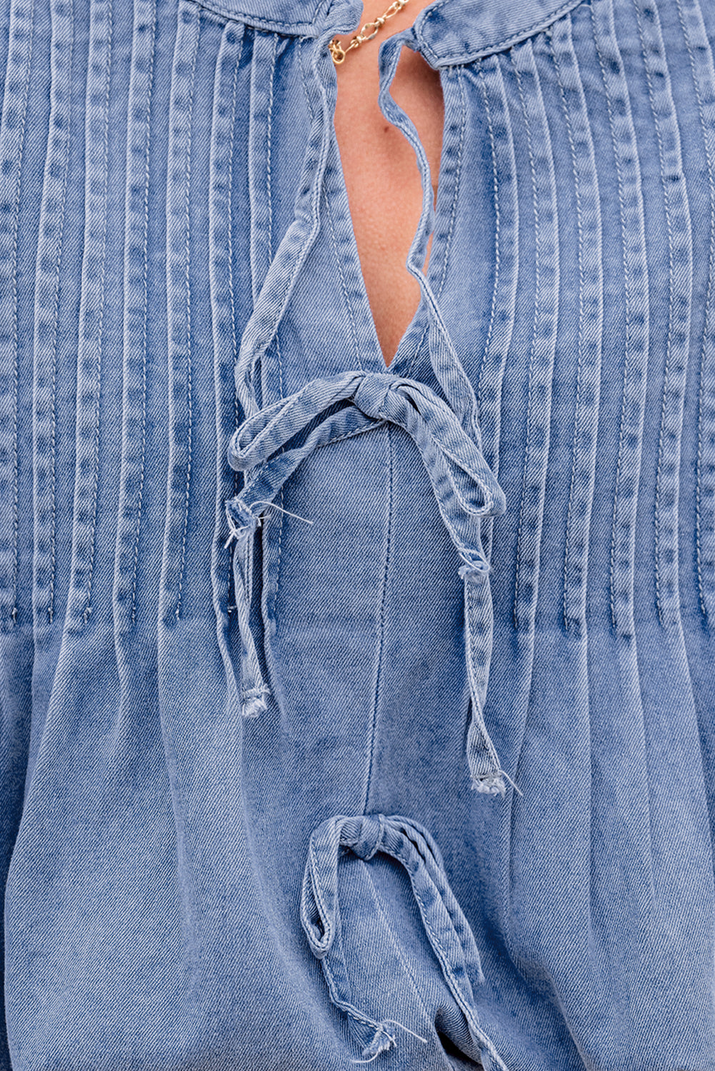 Denim Bow Tie Puff Sleeve Top