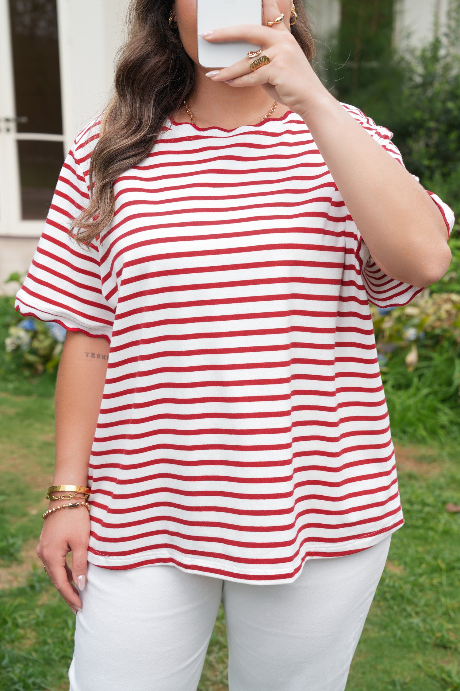 Red Stripe Plus Size Scalloped Trim Round Neck Short Sleeve Top
