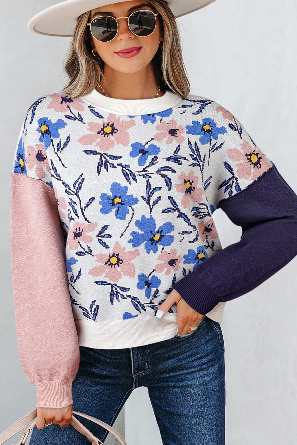 Floral Panel Colorblock Sleeve Patchwork Sweater