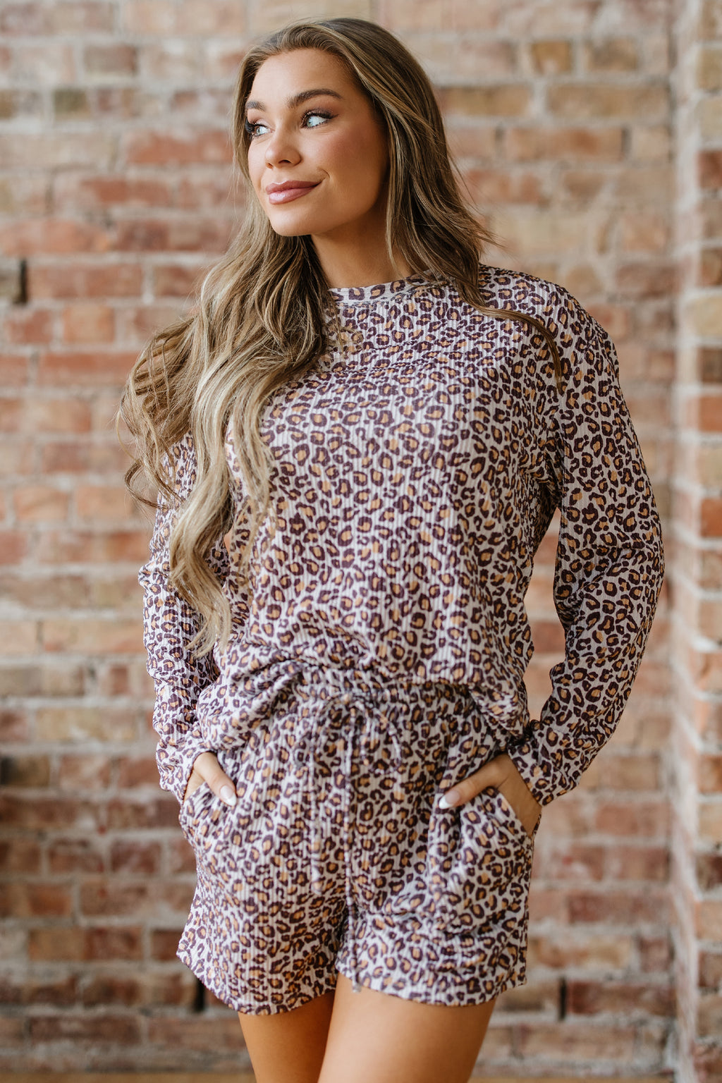 Khaki Leopard Ribbed Long Sleeved Drawstring Shorts 2pcs Outfit