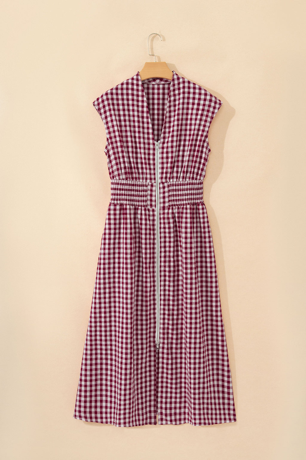 Coffee Plaid Print Full Zipper Cinched Waist Fit Flare Sleeveless Maxi Dress