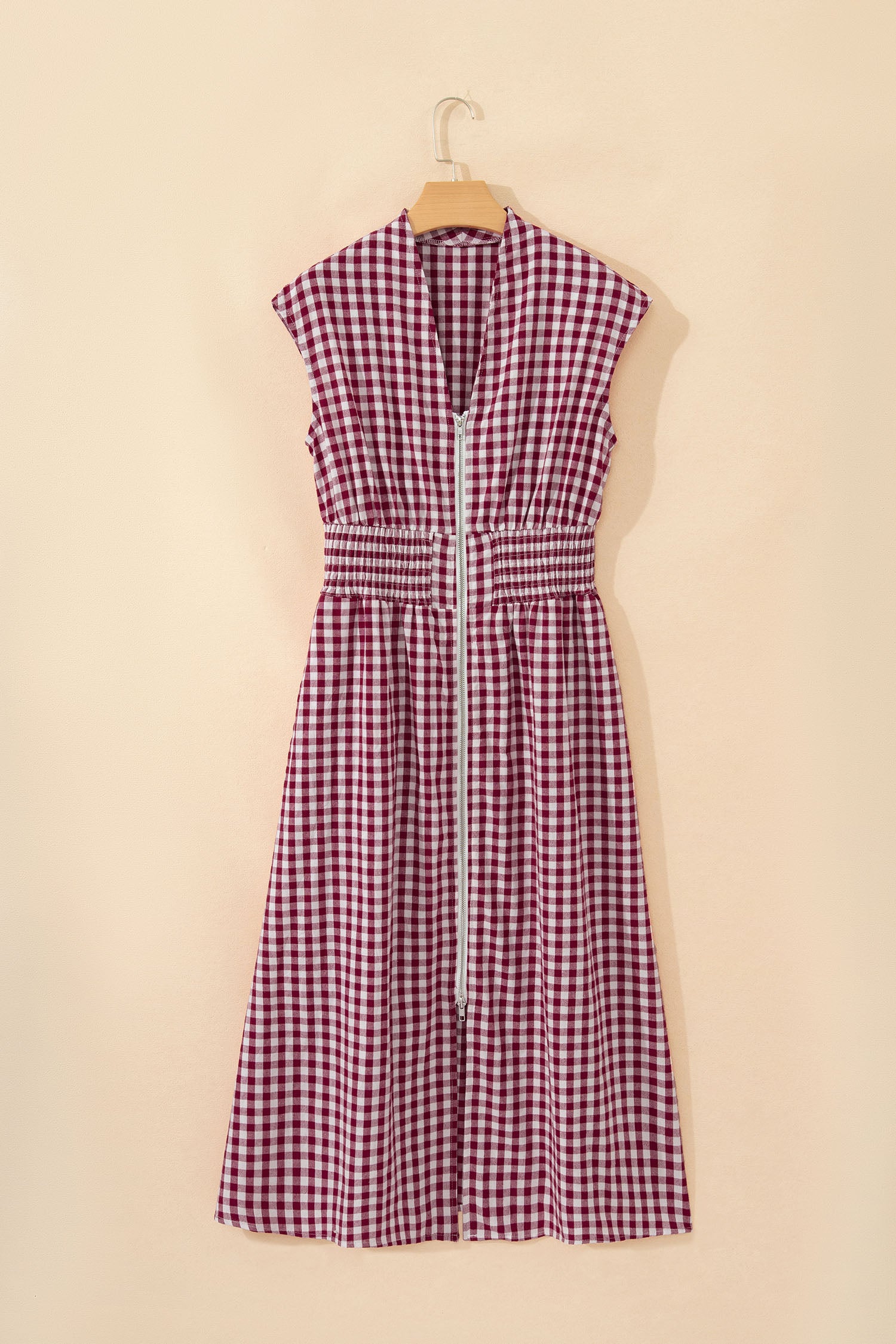 Coffee Plaid Print Full Zipper Cinched Waist Fit Flare Sleeveless Maxi Dress