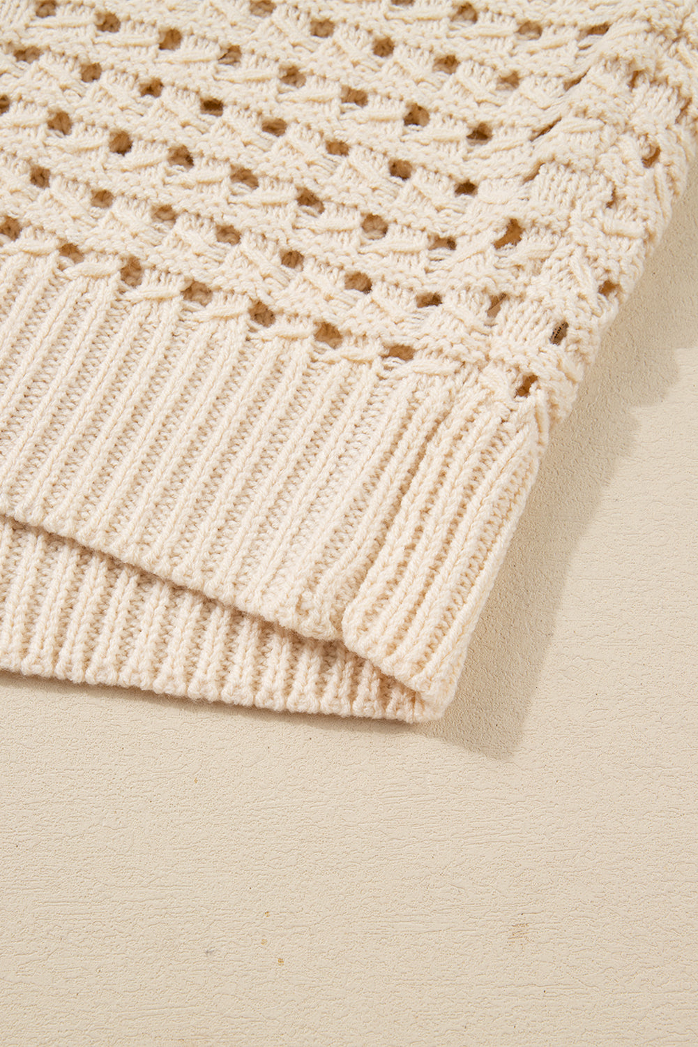 Beige Hollowed Knit Zip Up Cardigan