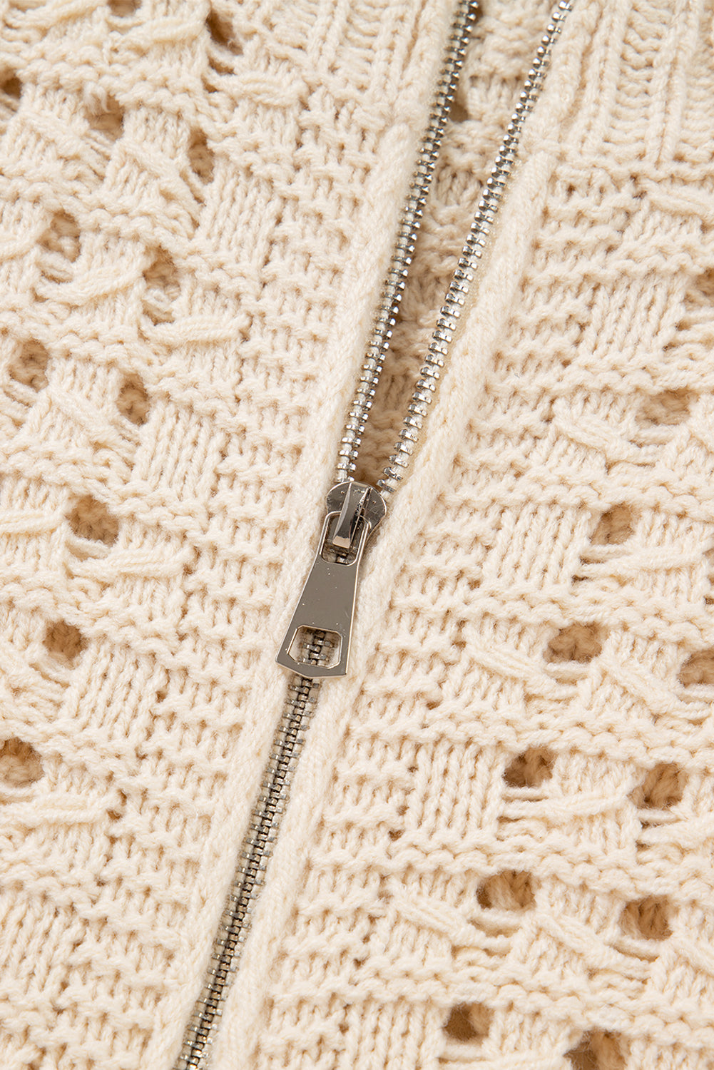 Beige Hollowed Knit Zip Up Cardigan