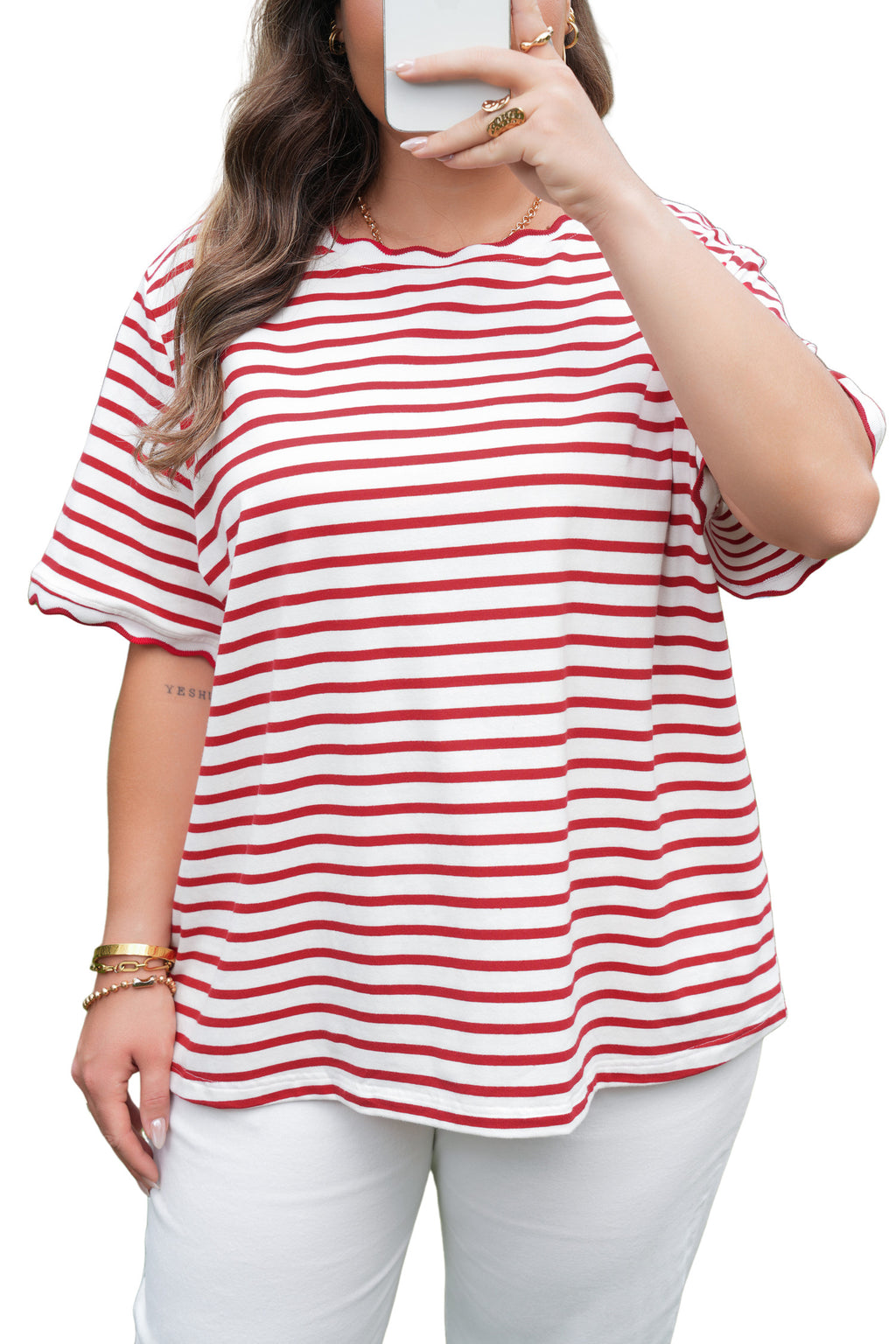 Red Stripe Plus Size Scalloped Trim Round Neck Short Sleeve Top